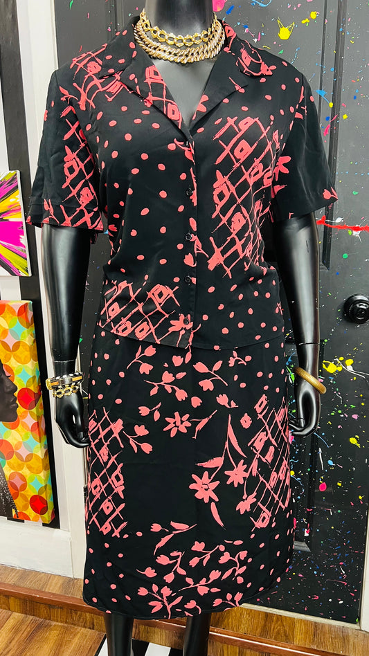 Vintage Pink, Black Polka Dot & Floral Skirt Set (18W)