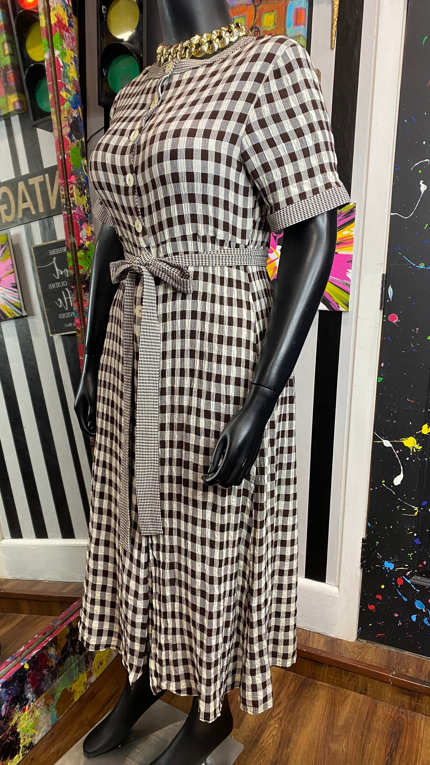 Vintage Brown & Cream Checkered Dress (16W)