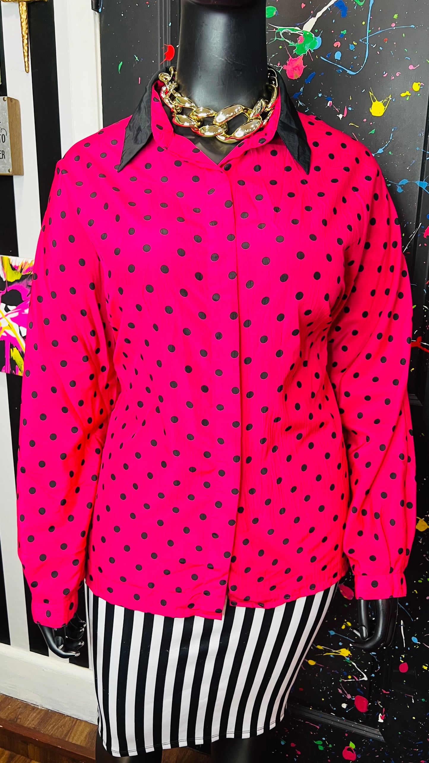 Vintage Pink & Black Polka Dot Blouse (22W)