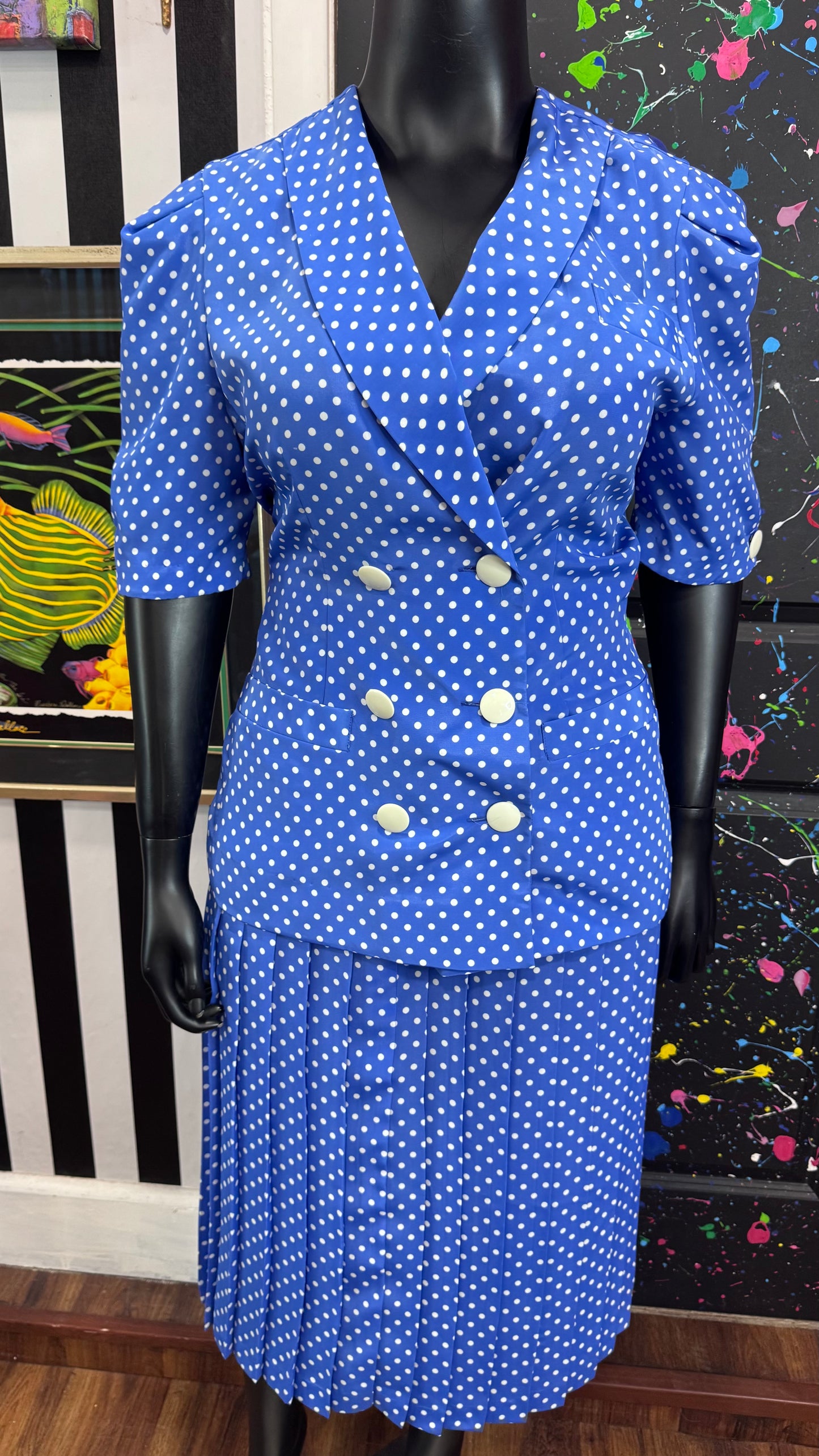 Vintage Blue & White Polka Dot Pleated Skirt Set (18)