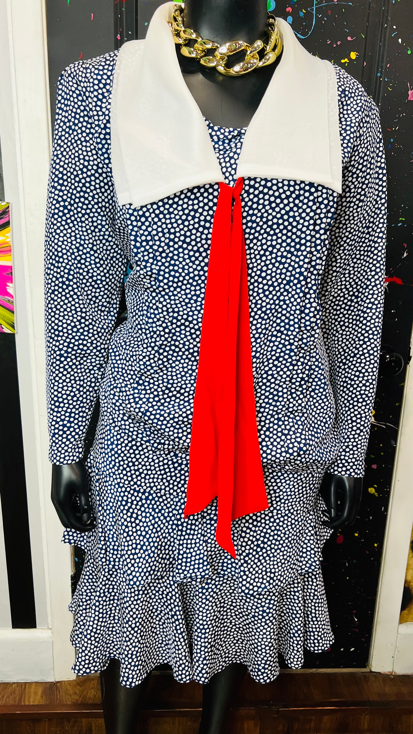 Vintage Polka Dot Navy Blue, Red & White Skirt Set (22W)