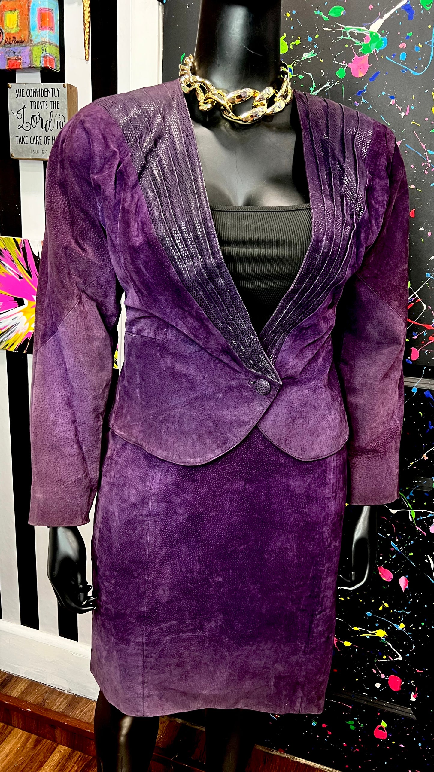 Vintage Purple Genuine Suede Leather Skirt Suit (14/16)