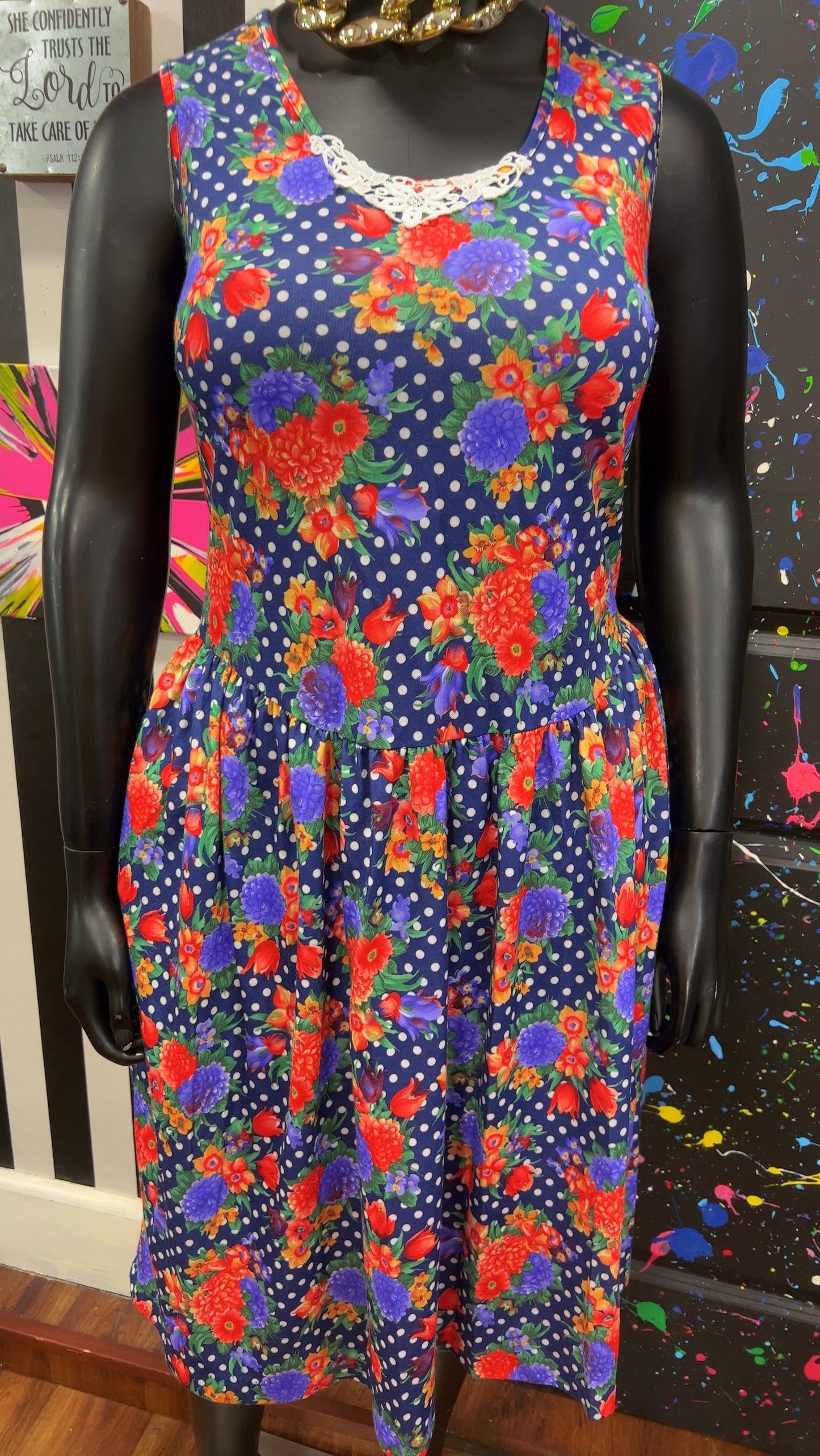 Vintage Polyester Polka Dot & Floral Dress (14)