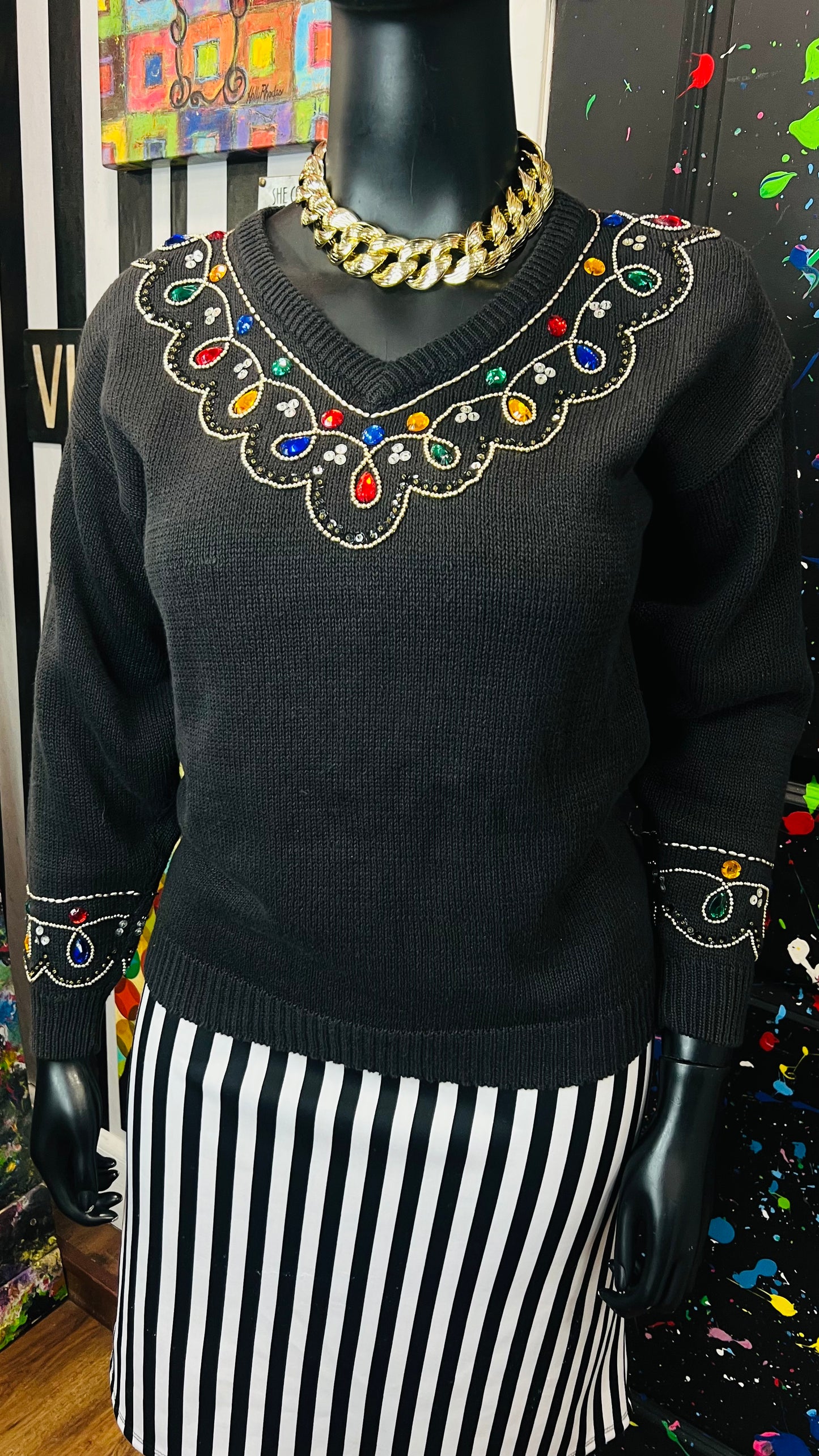 Vintage Black Knit Jeweled Sweater (16)