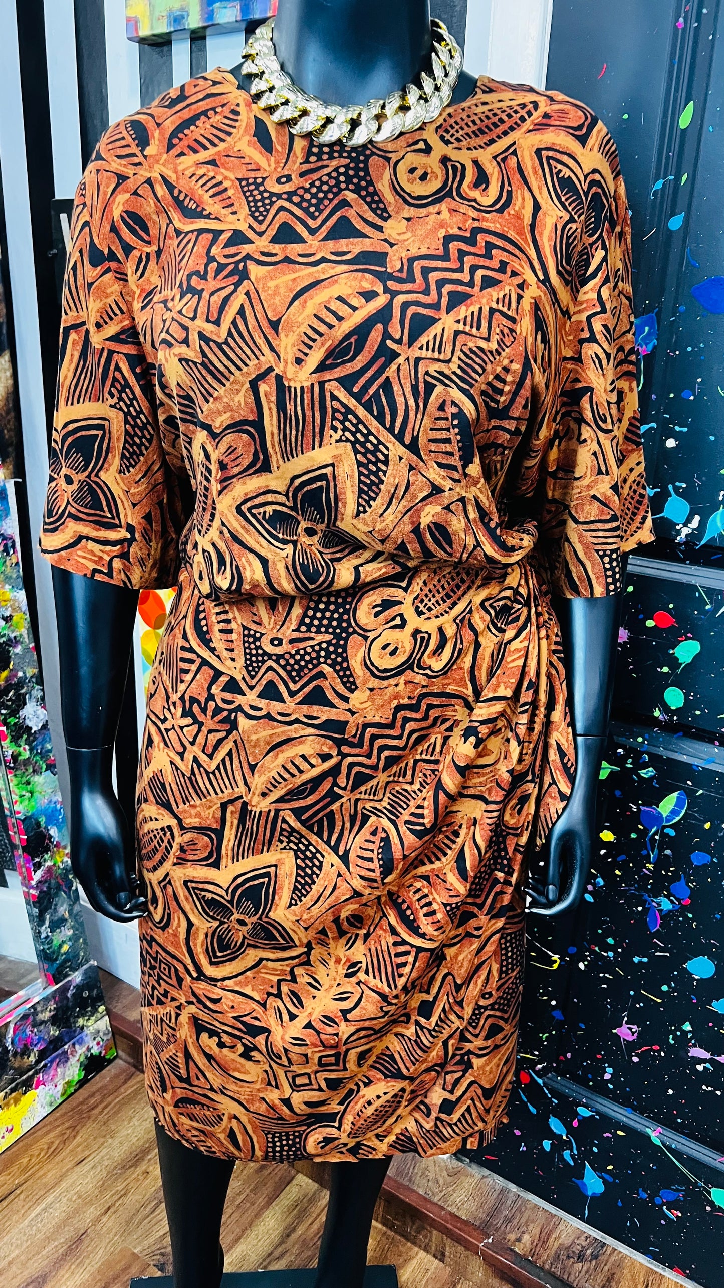 Vintage Rayon Sarong Style Tribal Print Dress (28) - Fits Like a 22