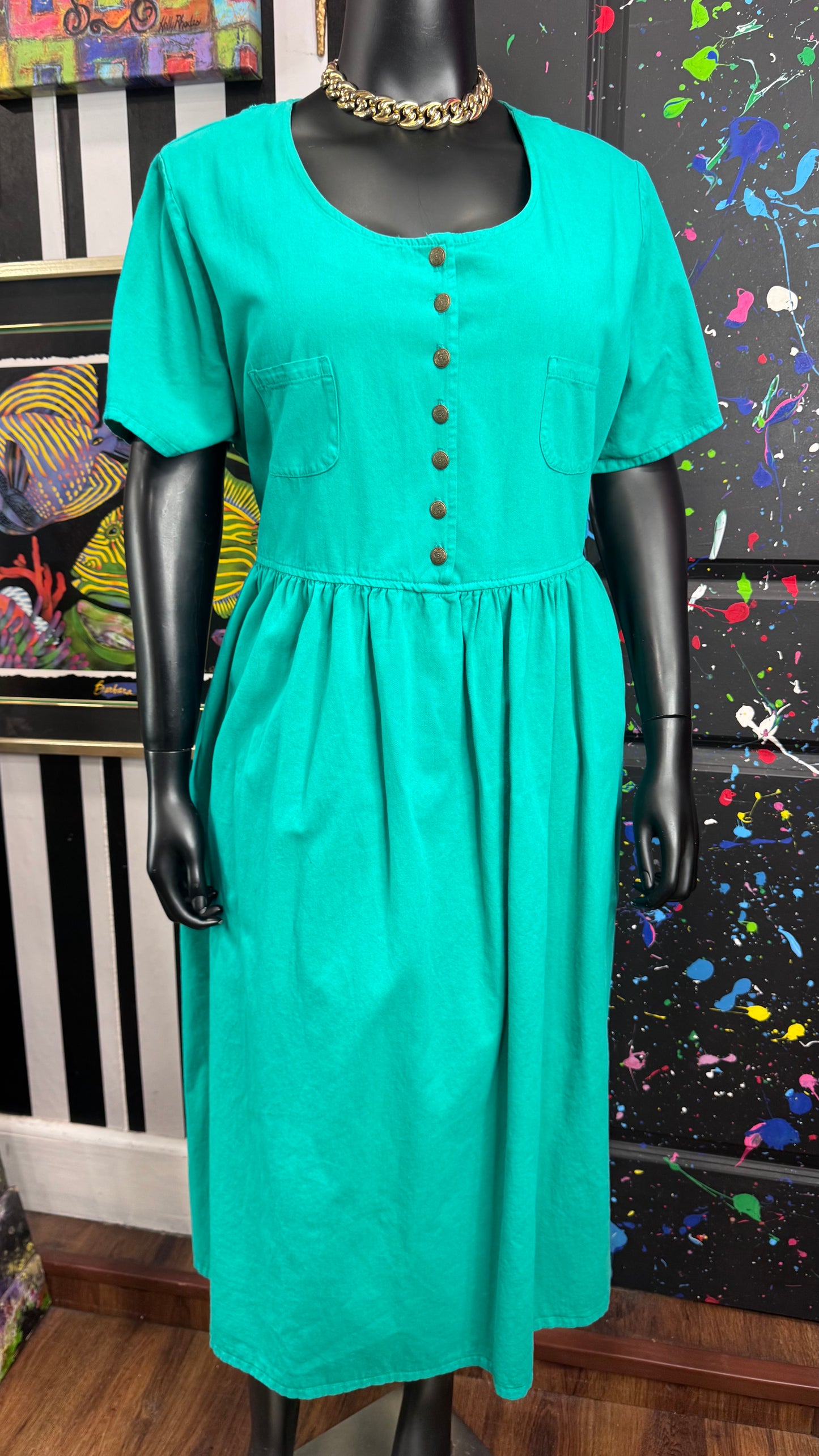 Vintage Teal Green Denim Dress w/ Pockets (20W)