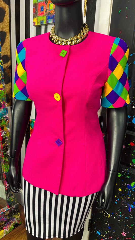 Vintage Weaved Sleeve Color Block Short Sleeve Blazer (14)