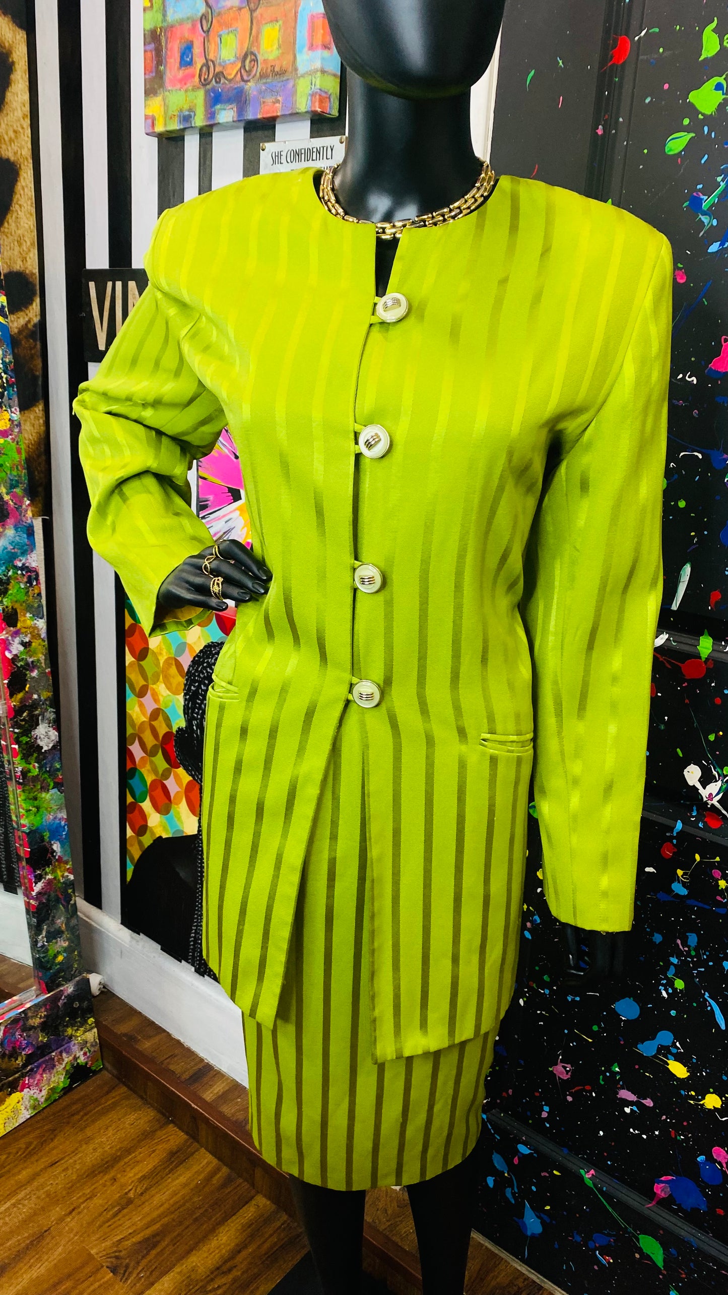 Vintage Green Striped Skirt Suit (14)