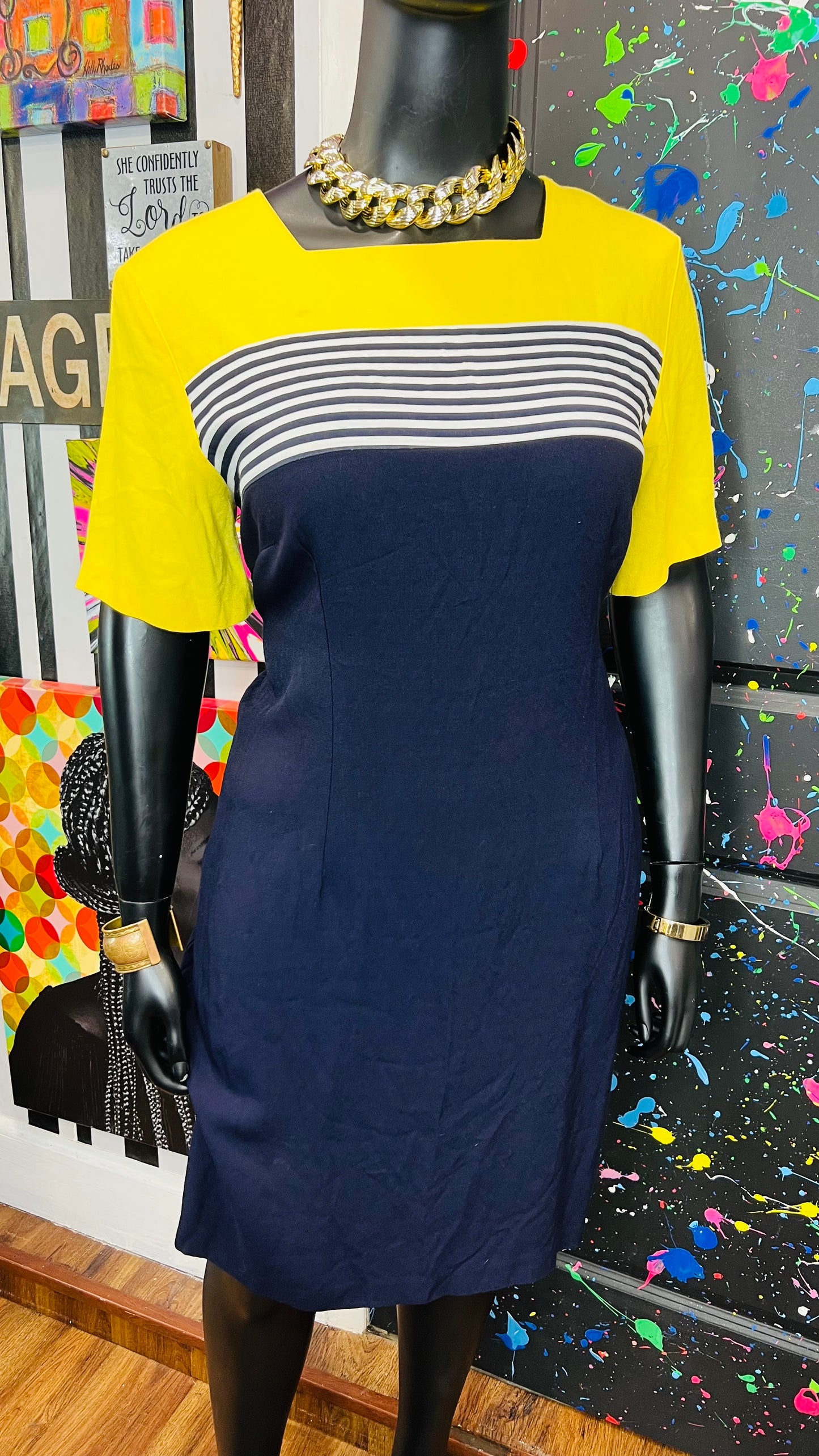 Vintage Navy Blue Yellow & White Striped Dress (20)