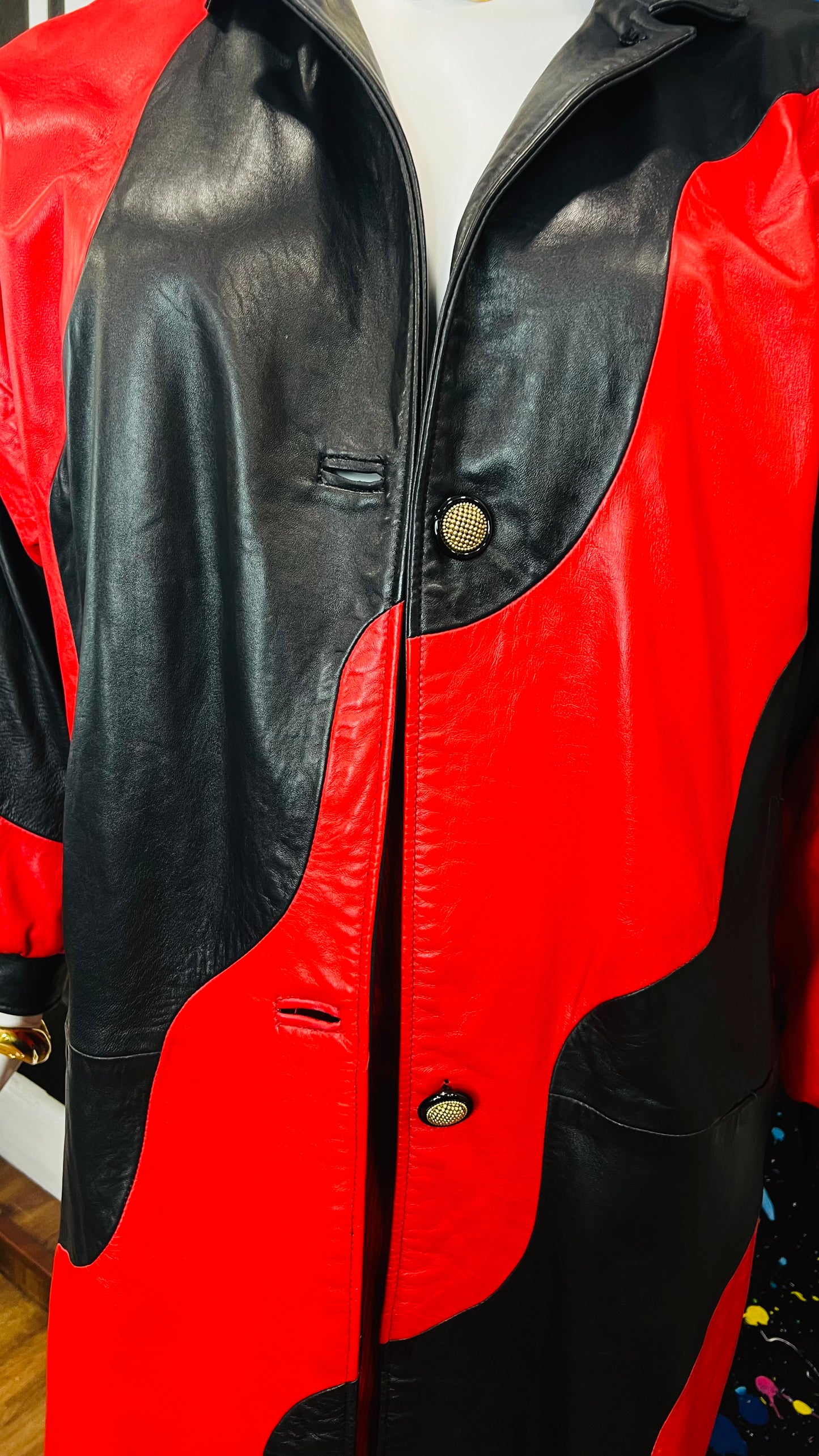 Vintage Genuine Leather Red & Black Trench Coat (16)