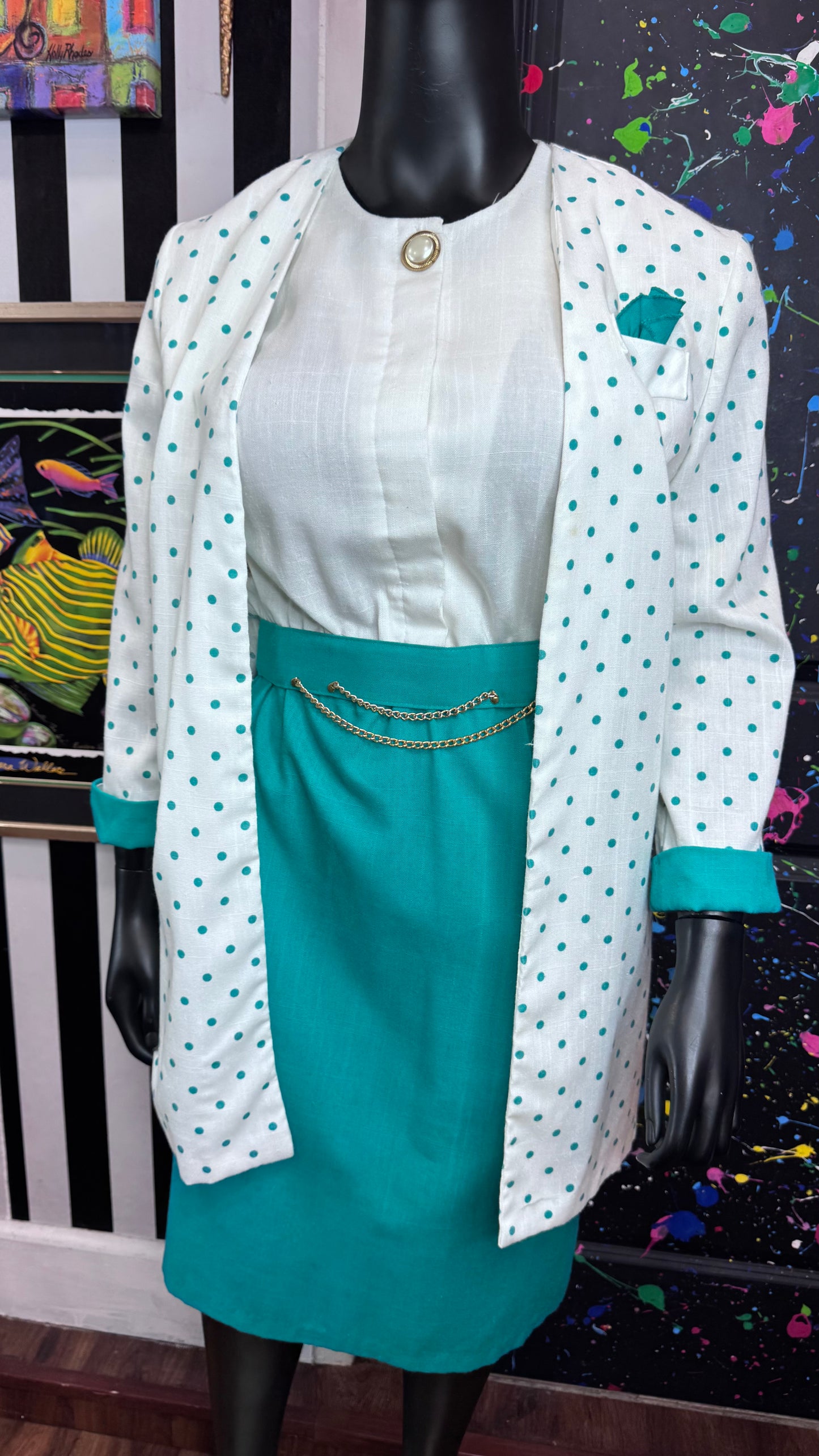 Vintage Teal & White Polka Dot Dress with Belt & Blazer (18)