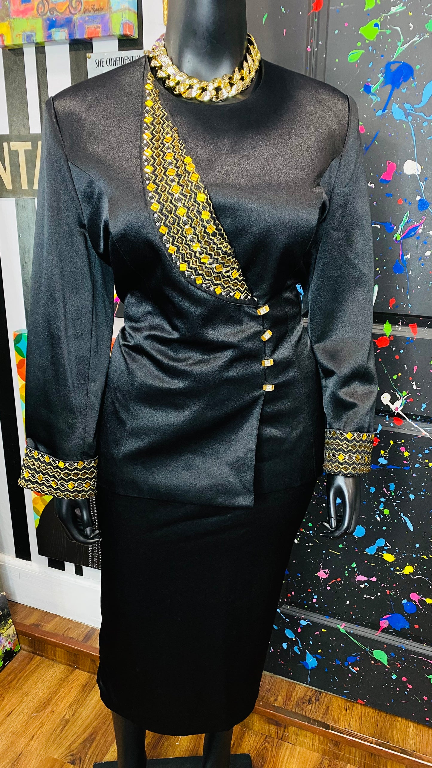 Vintage Couture Black & Gold Skirt Suit (20)