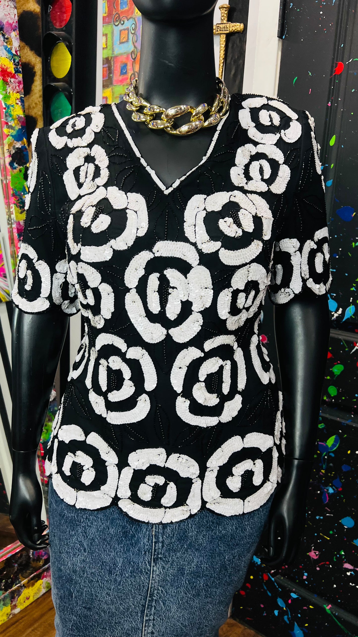 Vintage Black & White Sequin Blouse (16)