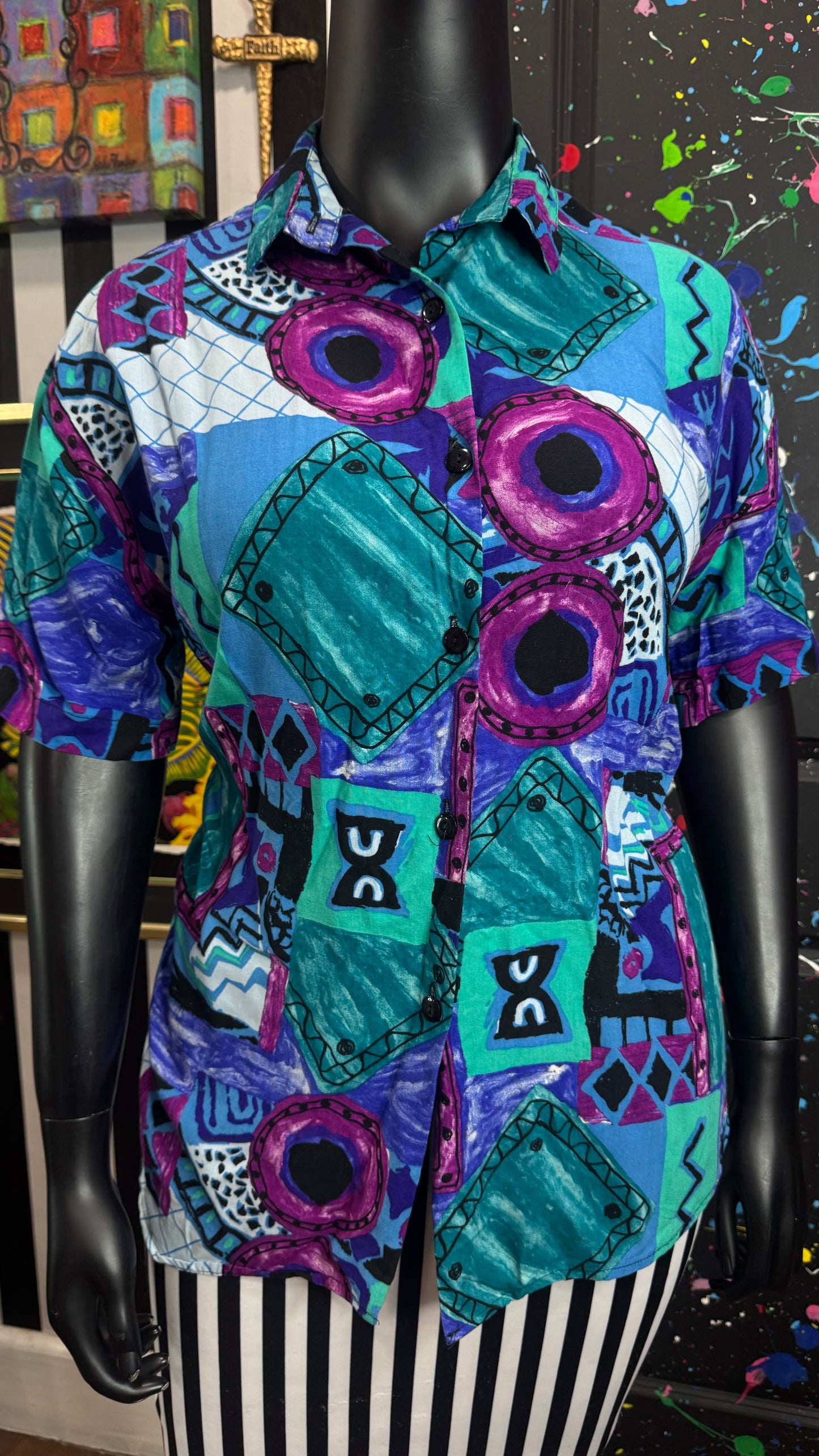 Vintage 90s Abstract Print Rayon Blouse (18)