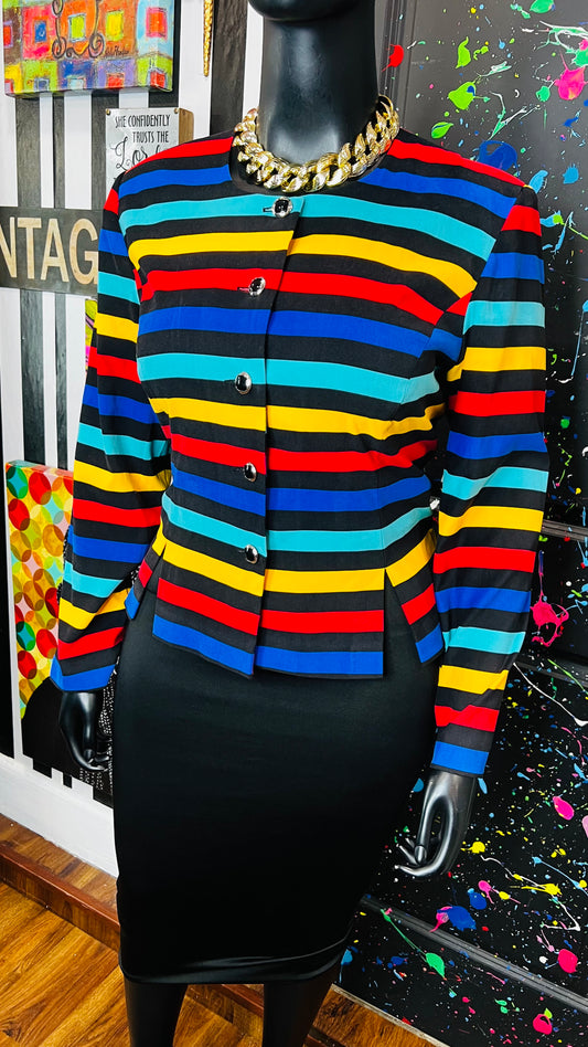 Vintage Color Block Striped Cropped Blazer (12)