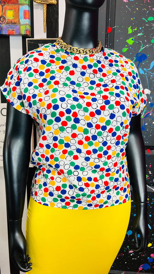 Vintage Polyester Color Block Dot Blouse (12)