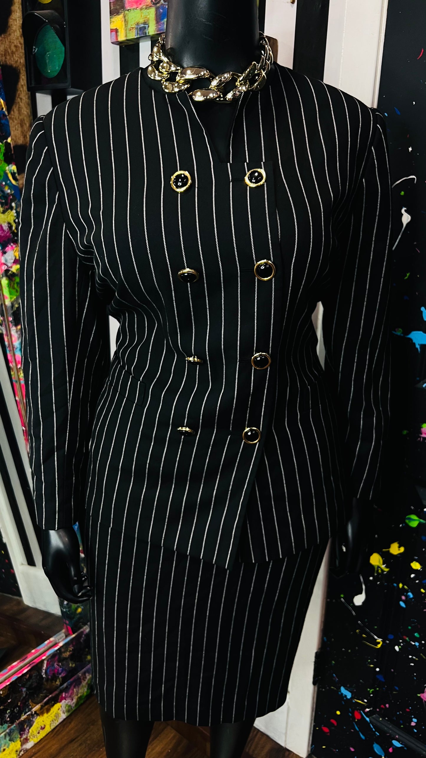 Vintage Black & White Striped Skirt Suit (20W)