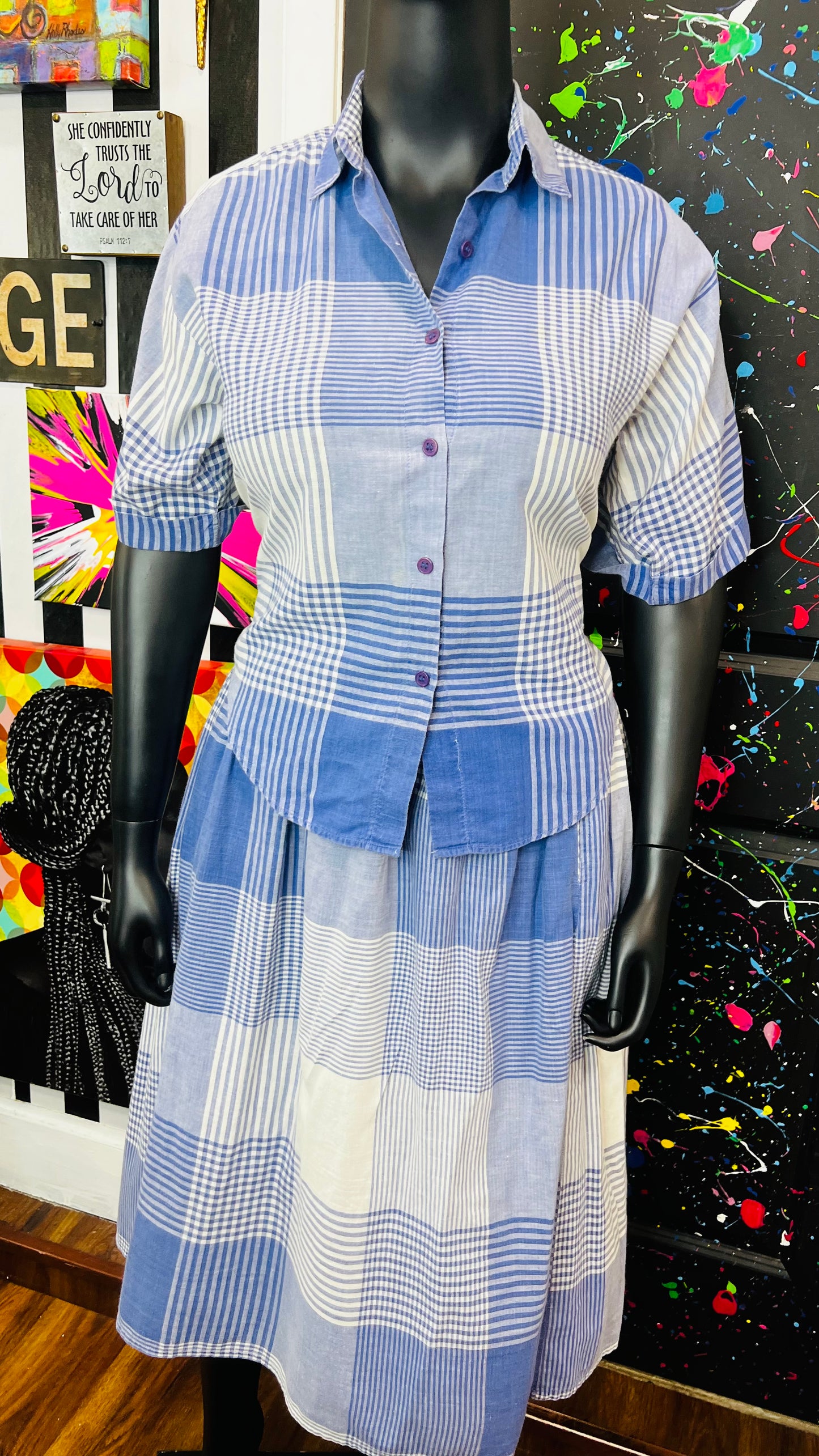 Vintage Plaid Blue & Cotton White Skirt Set (14)