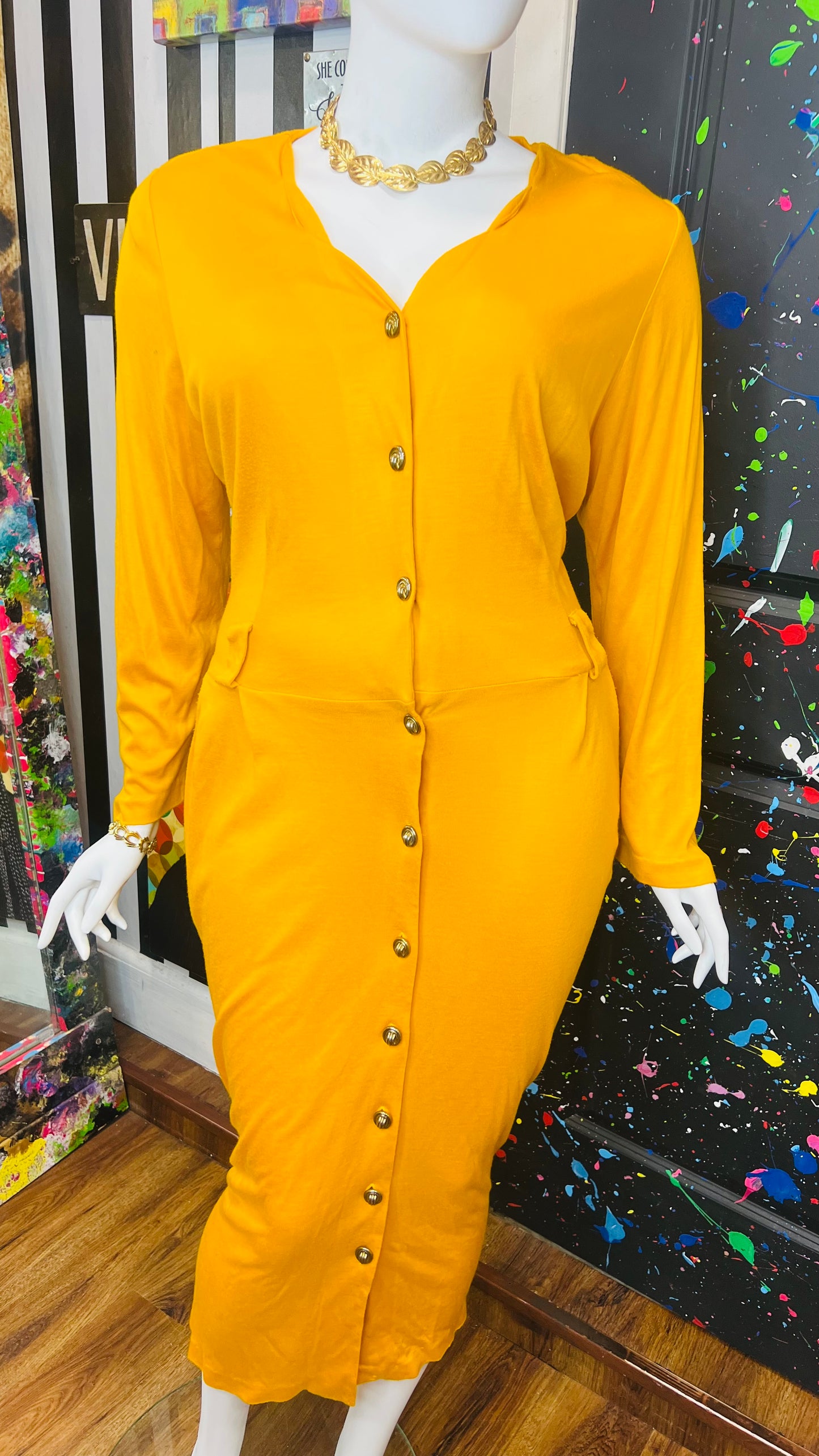 Vintage Cotton Mustard Yellow- Stretch Dress (20)