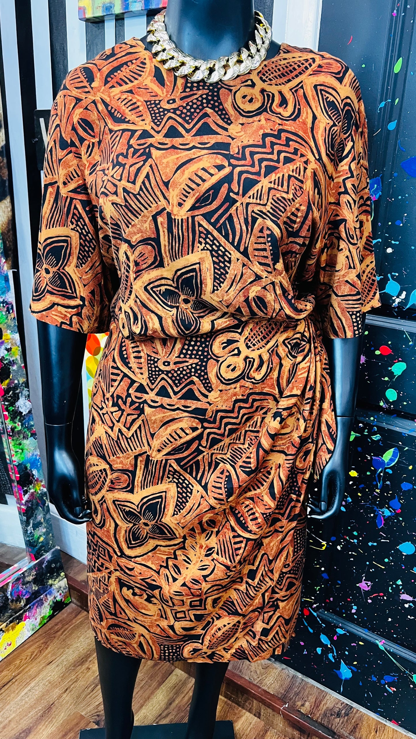 Vintage Rayon Sarong Style Tribal Print Dress (28) - Fits Like a 22