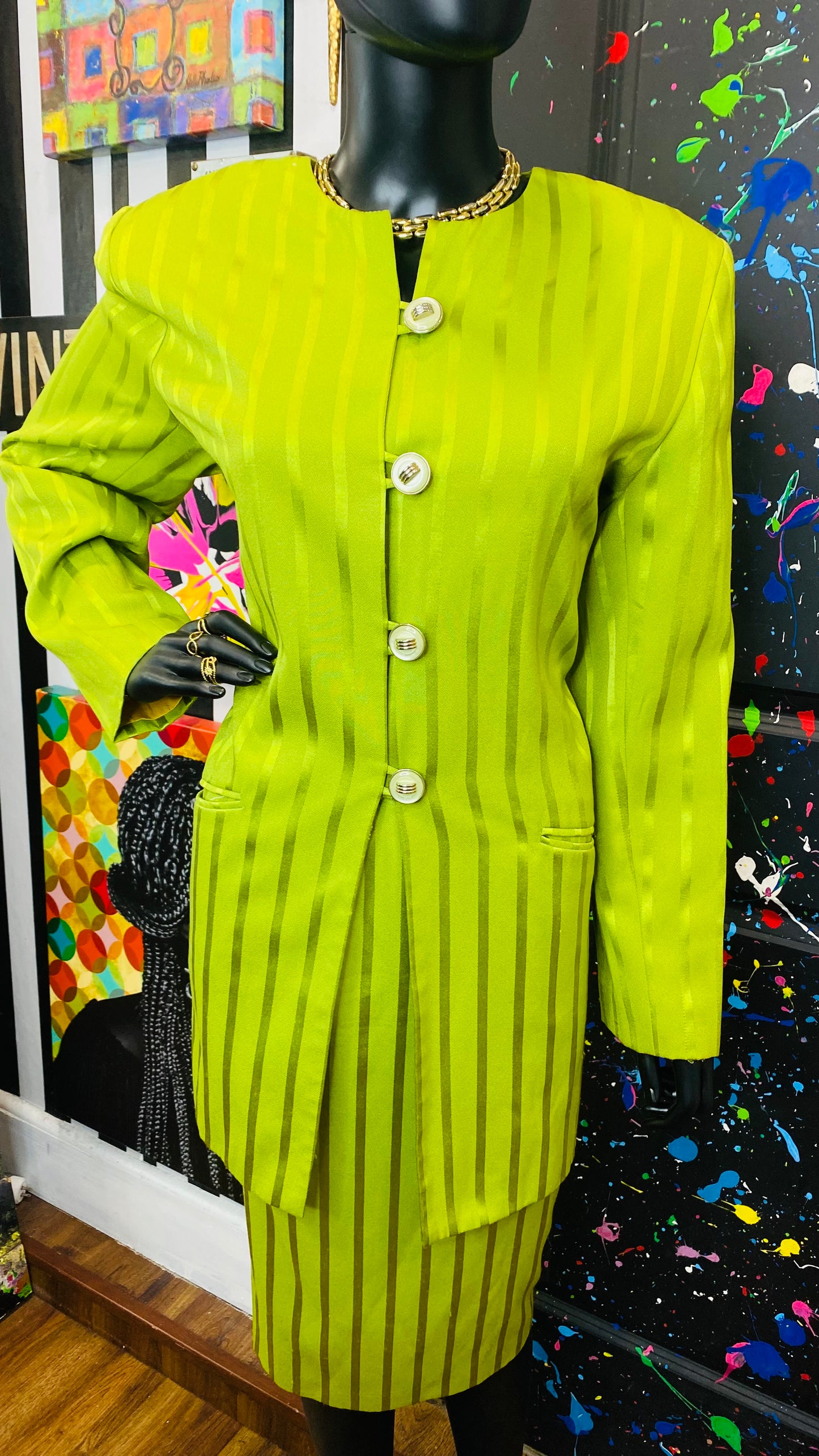 Vintage Green Striped Skirt Suit (14)