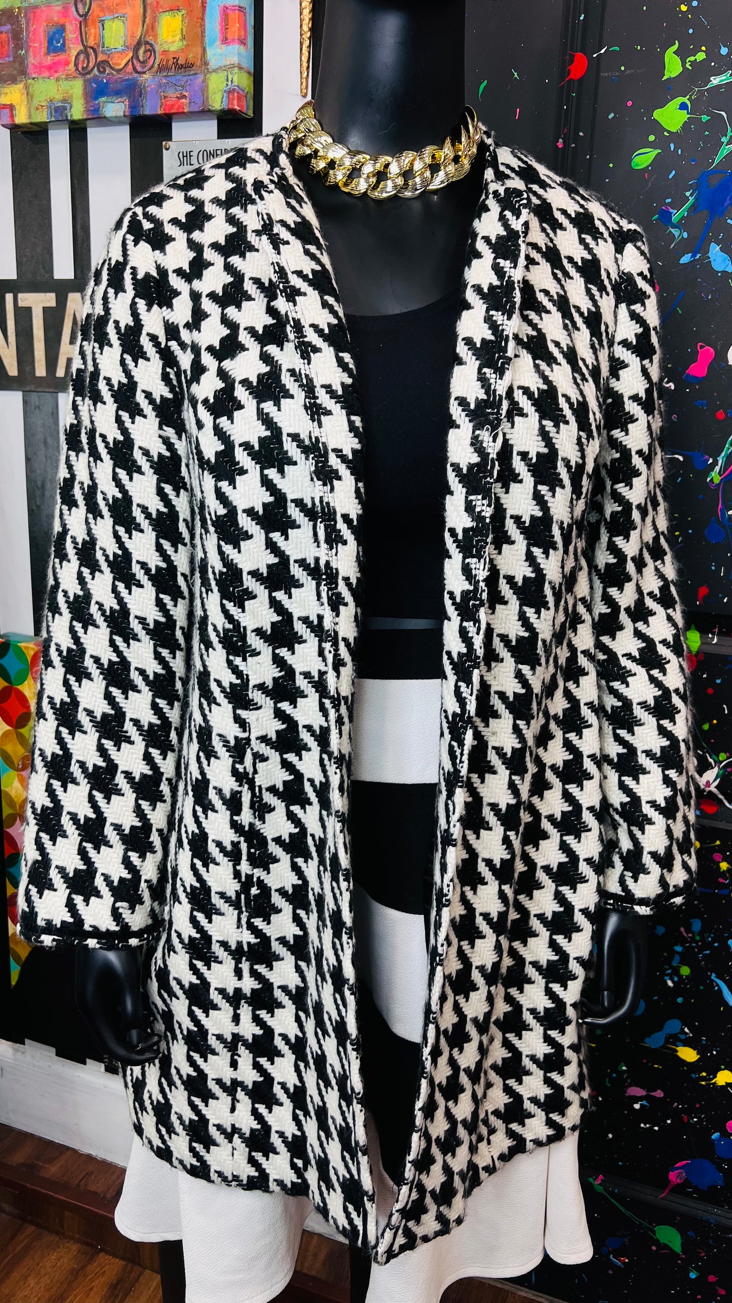 Vintage Black & White Houndstooth Wool Coat (20W)