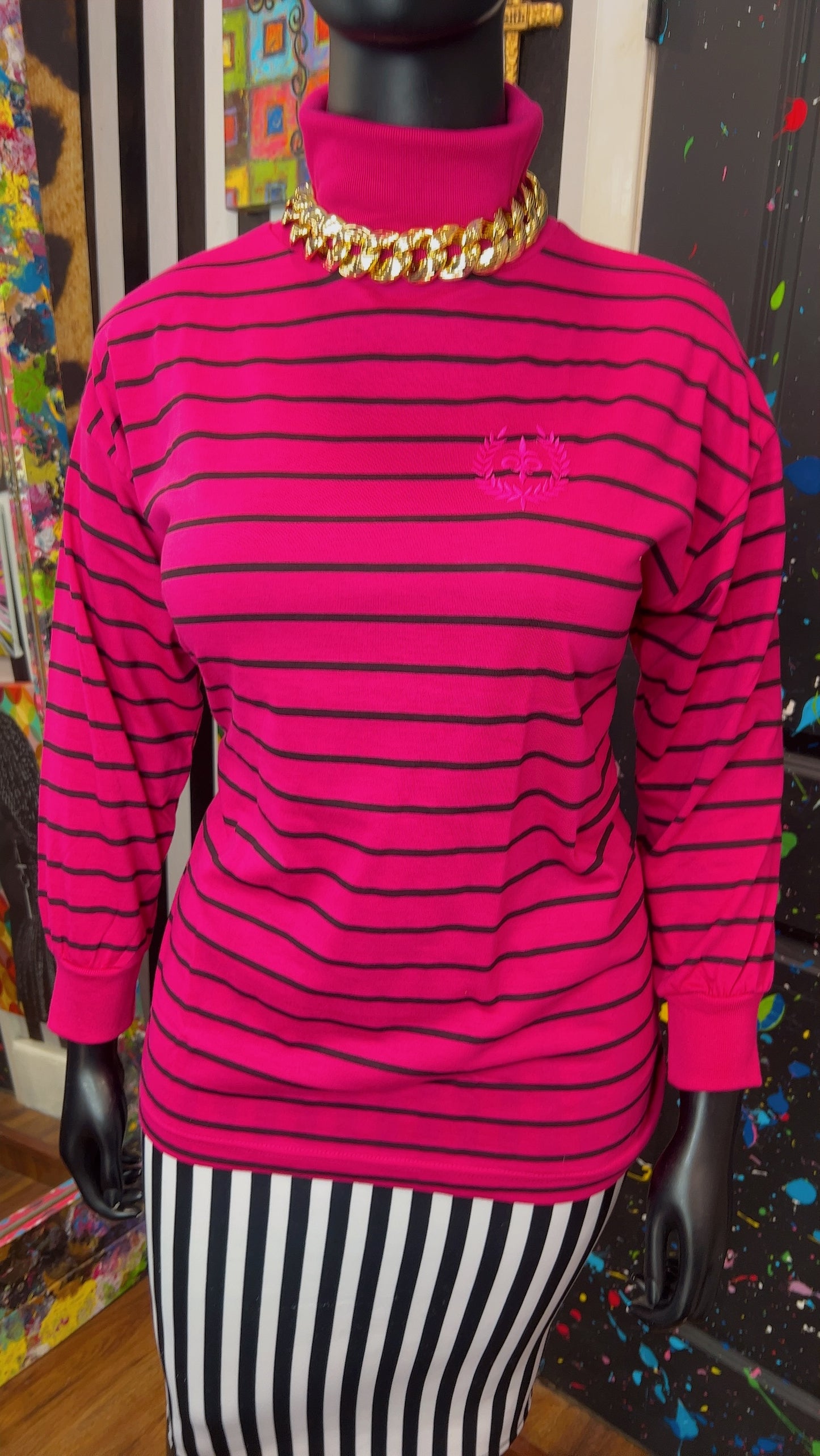Vintage 100% Cotton Black Striped Turtle Neck - Pink (18)