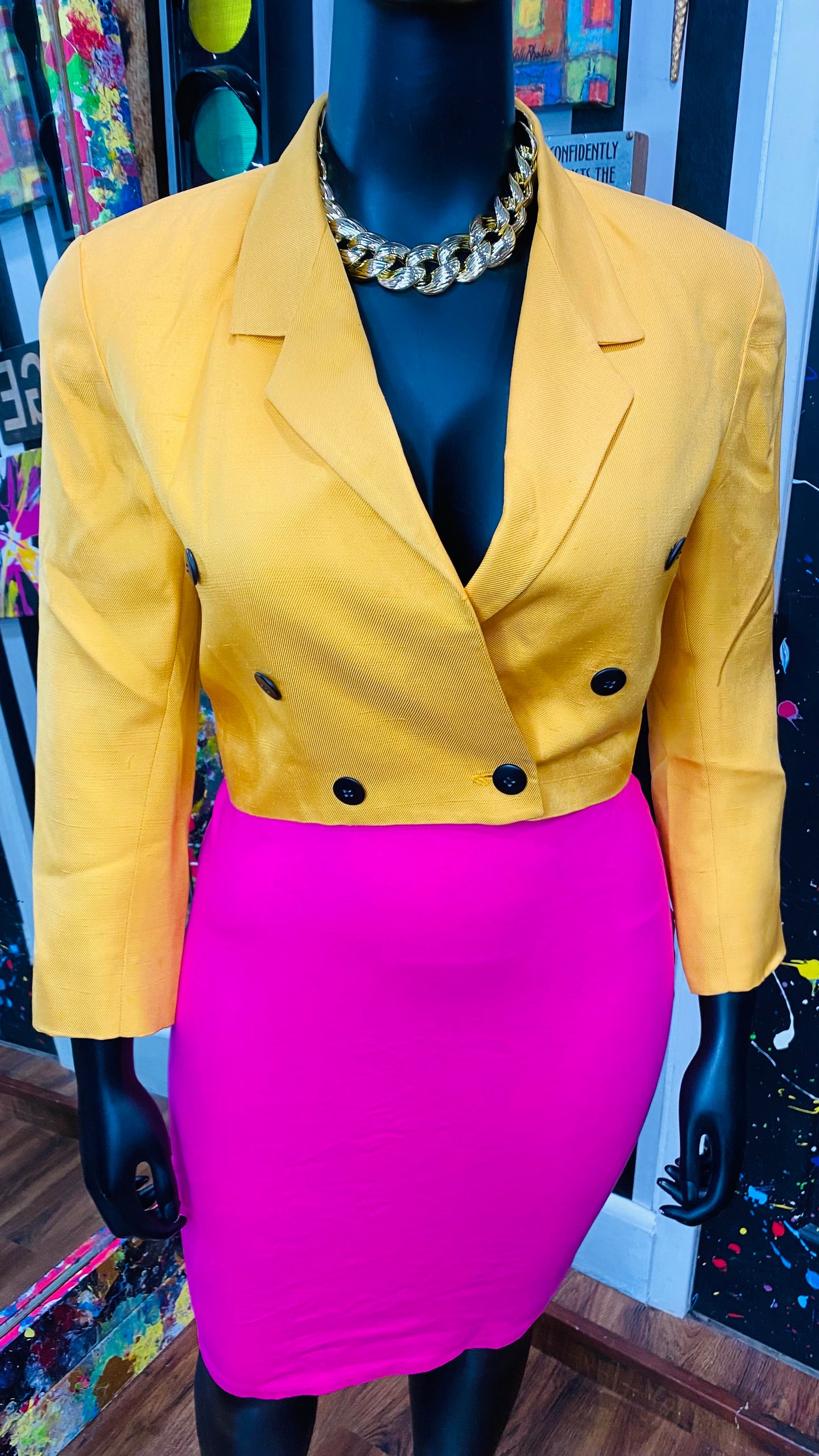 Plus Size 100% Silk Vintage Mustard Yellow Cropped Blazer (12)