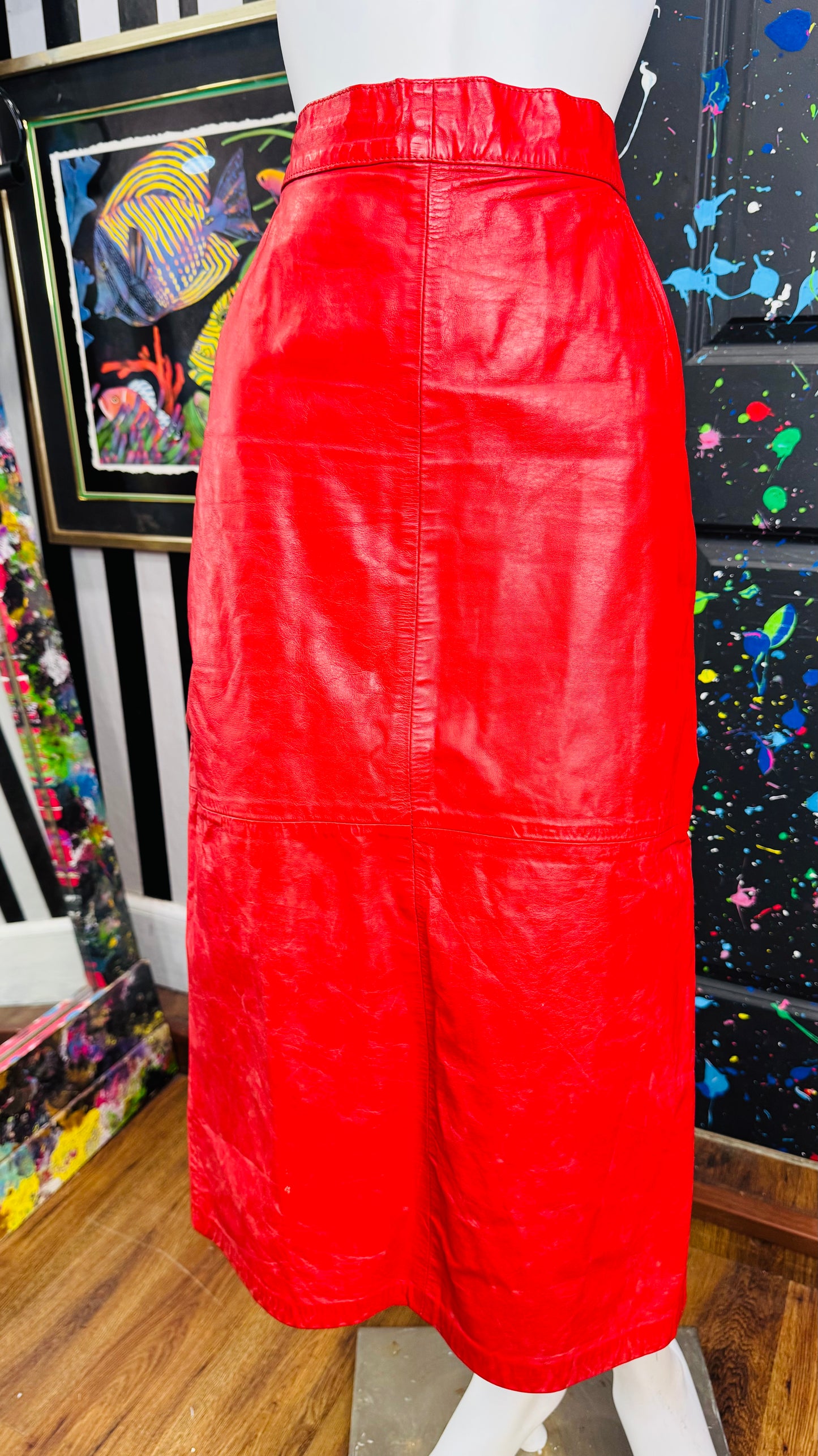 Vintage Red Genuine Leather Skirt (14)