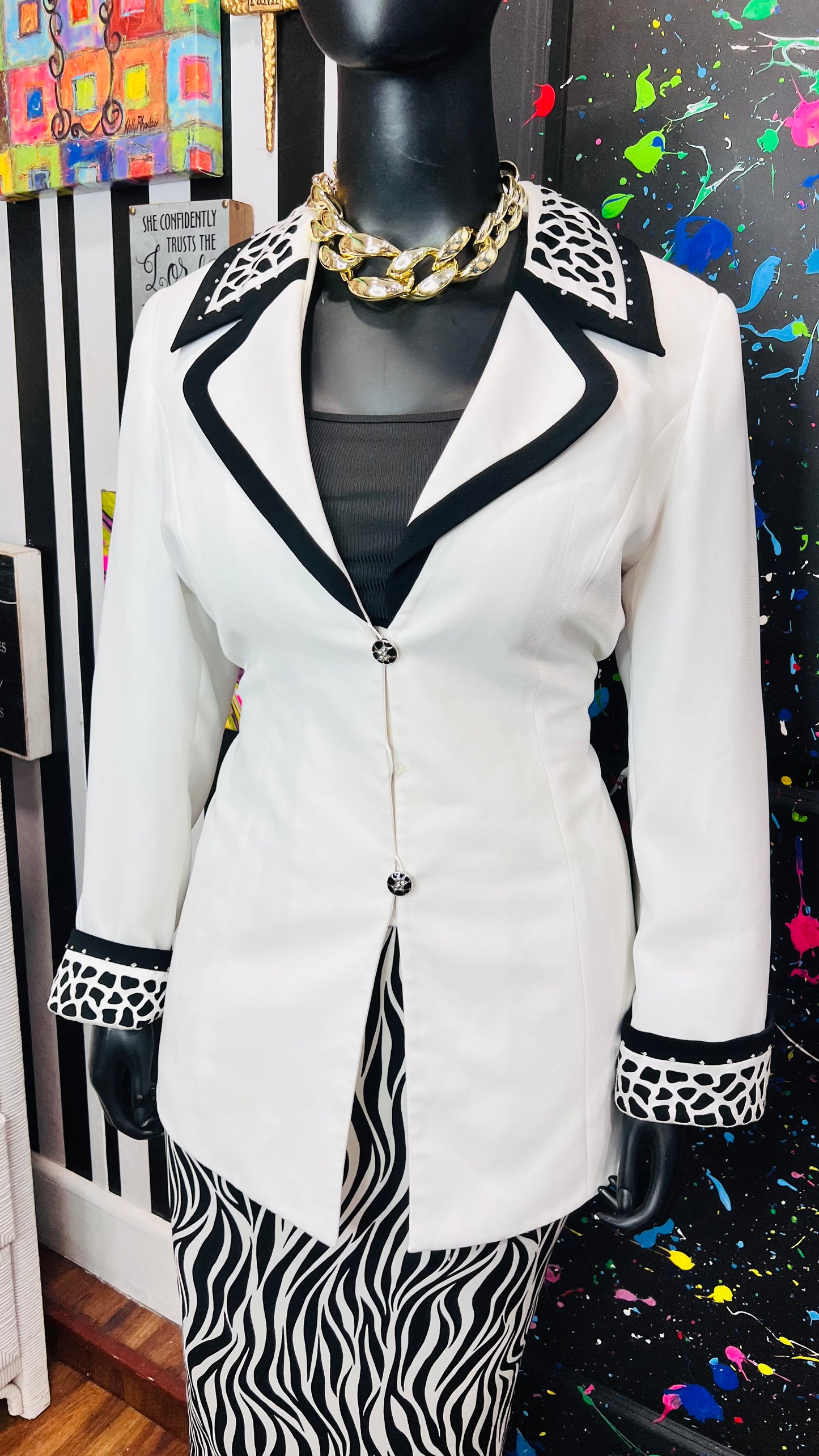 Vintage Jeweled Zebra Print Skirt Suit (16W)