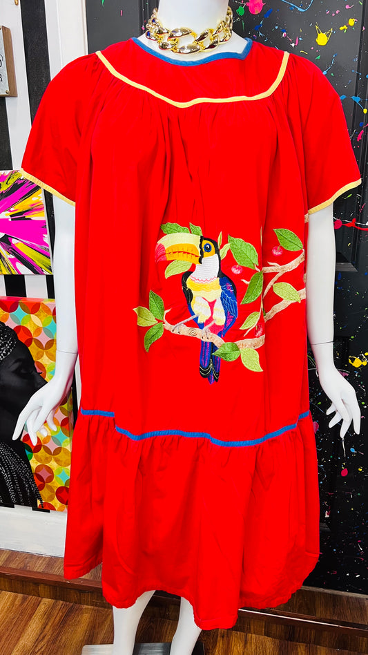 Vintage Cotton Red Parrot House Dress w/Pockets (22/24)