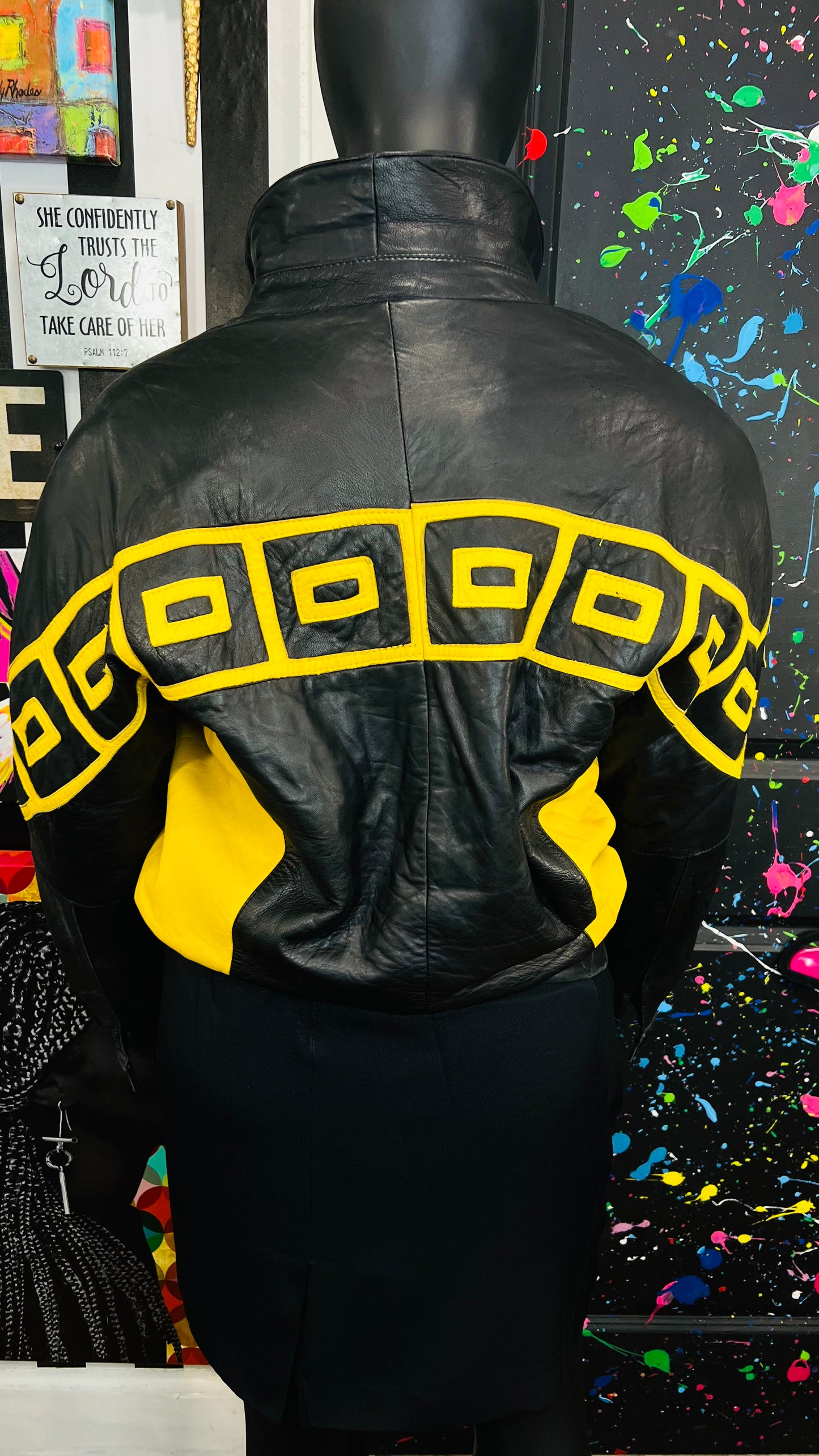 Vintage Genuine Leather Yellow & Black Tribal Print Coat (16/18)