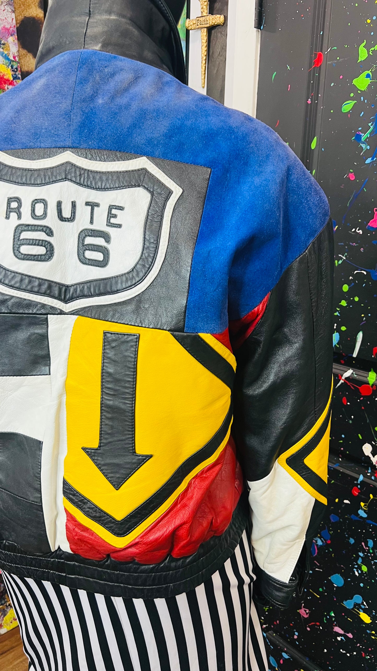 Vintage Road Sign Genuine Leather & Suede Jacket (20/22)