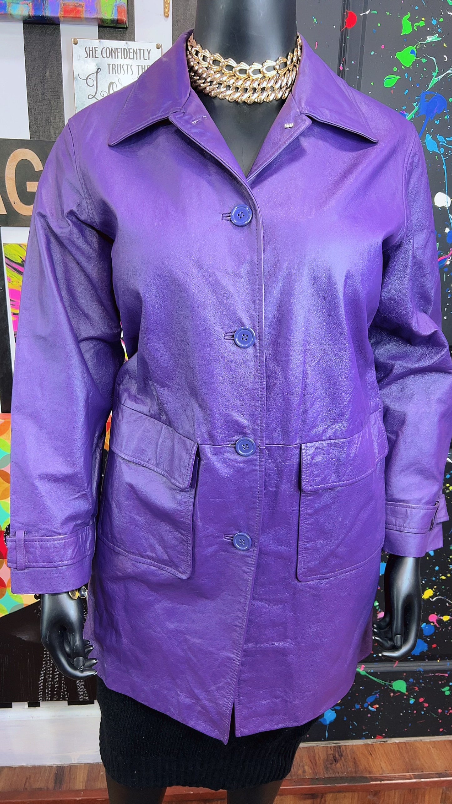 Vintage Genuine Leather Purple Trench Coat (14W)