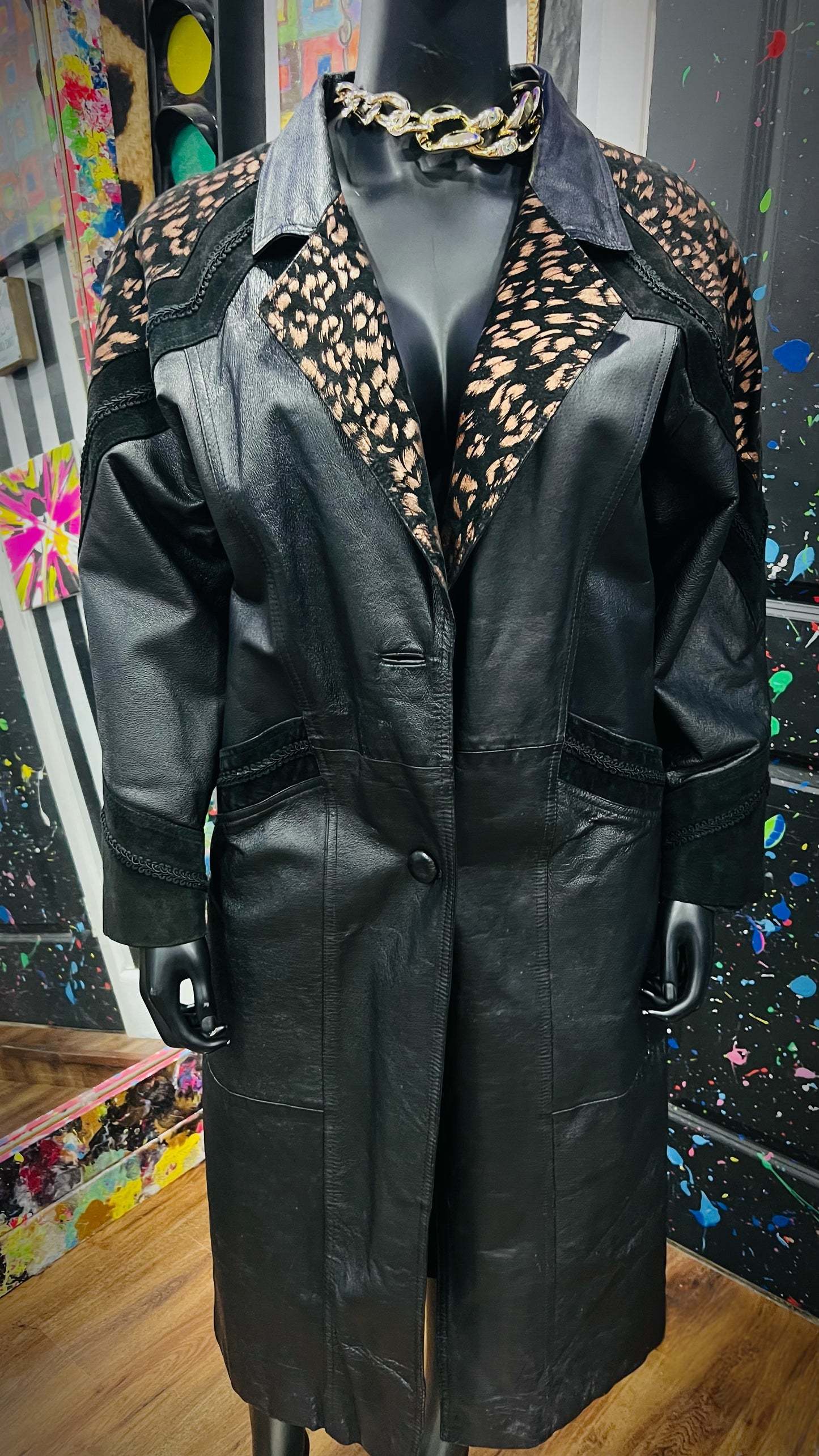 Vintage Genuine Leather Abstract Print Trench Coat (16)