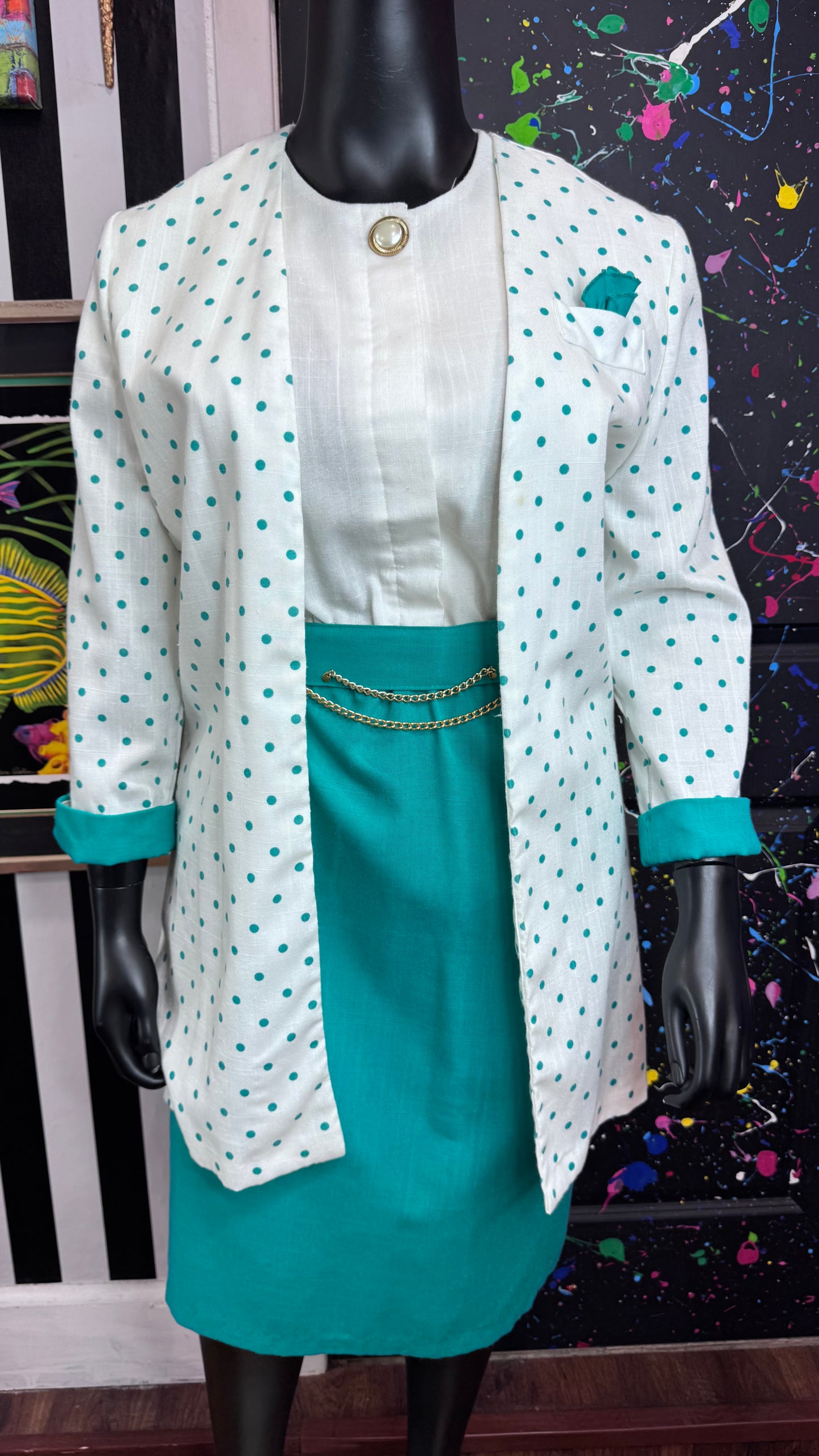 Vintage Teal & White Polka Dot Dress with Belt & Blazer (18)
