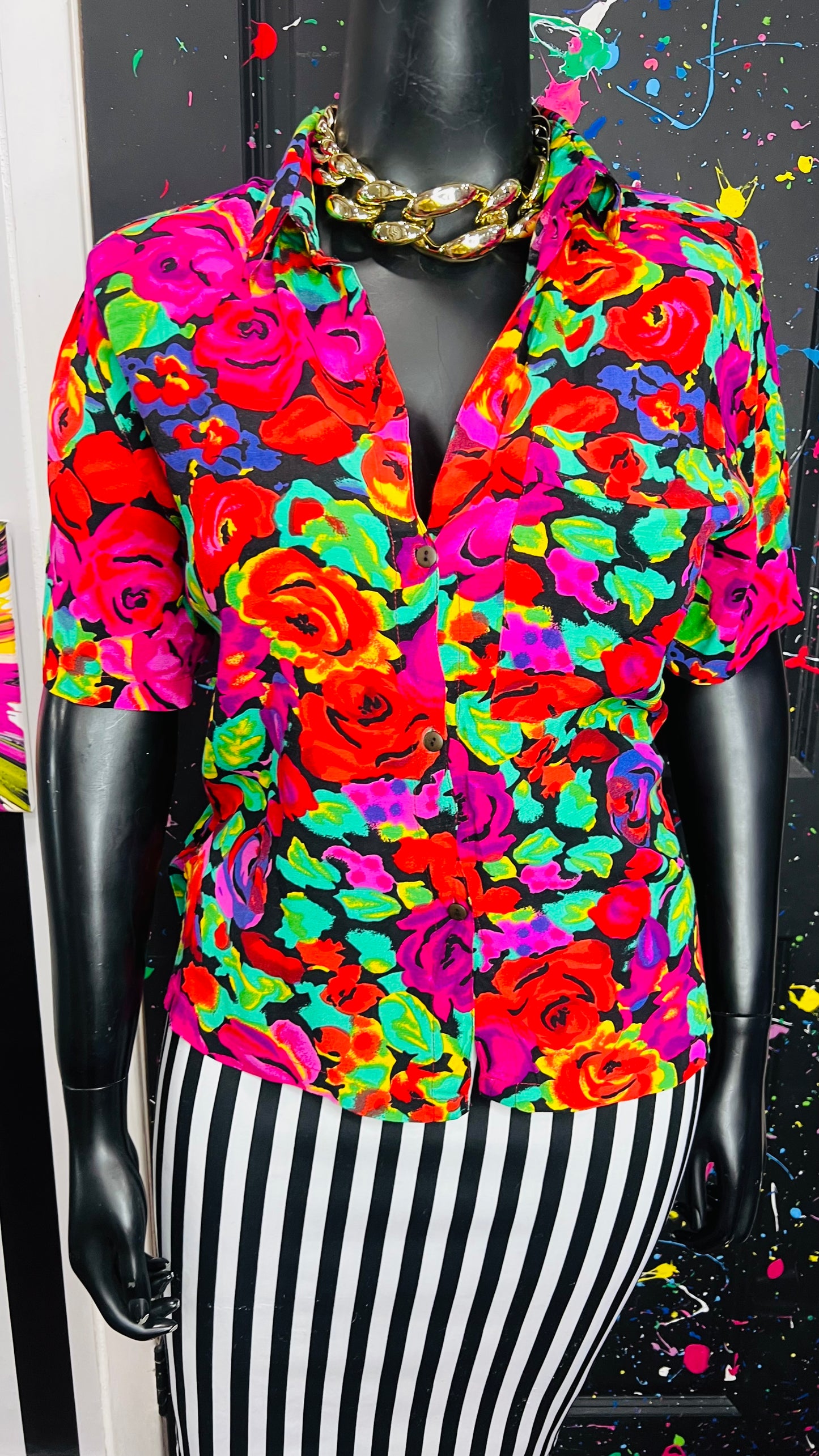 Vintage Rayon Vibrant Floral Blouse (18) *KC
