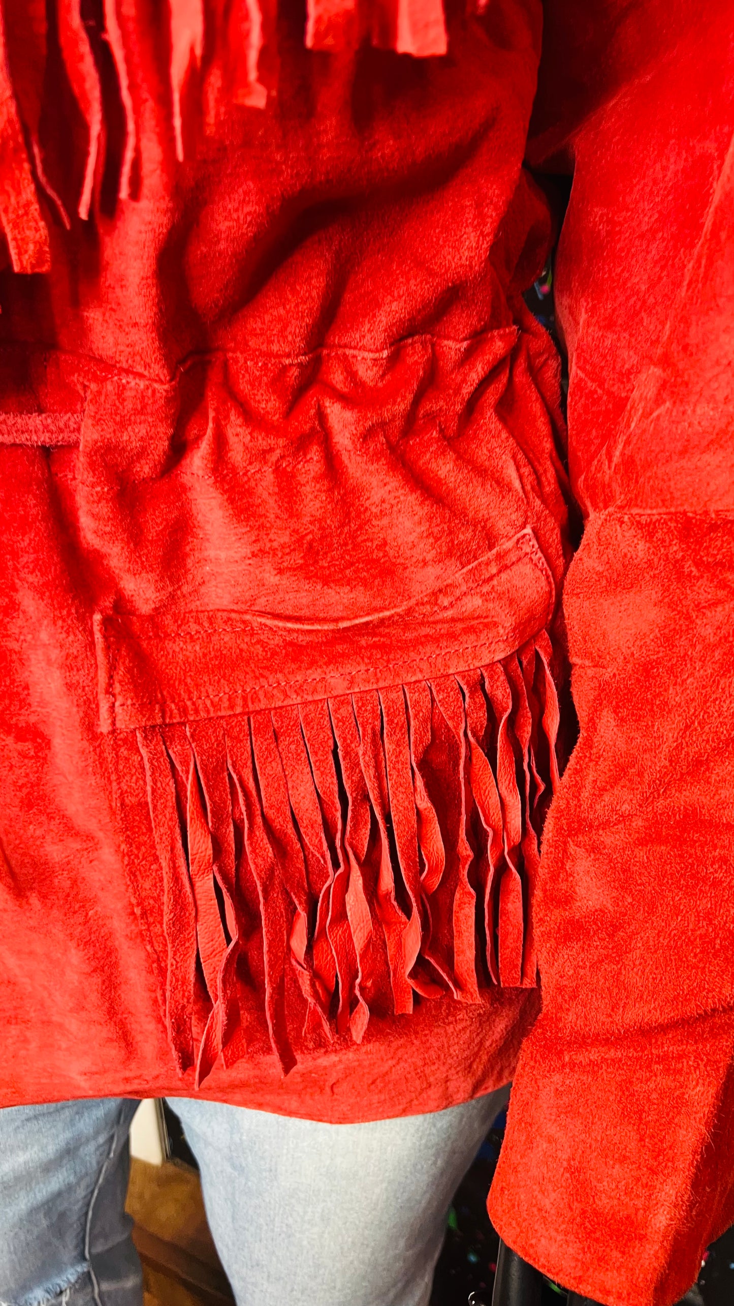 Vintage Red Suede Leather Fringe Coat (18)