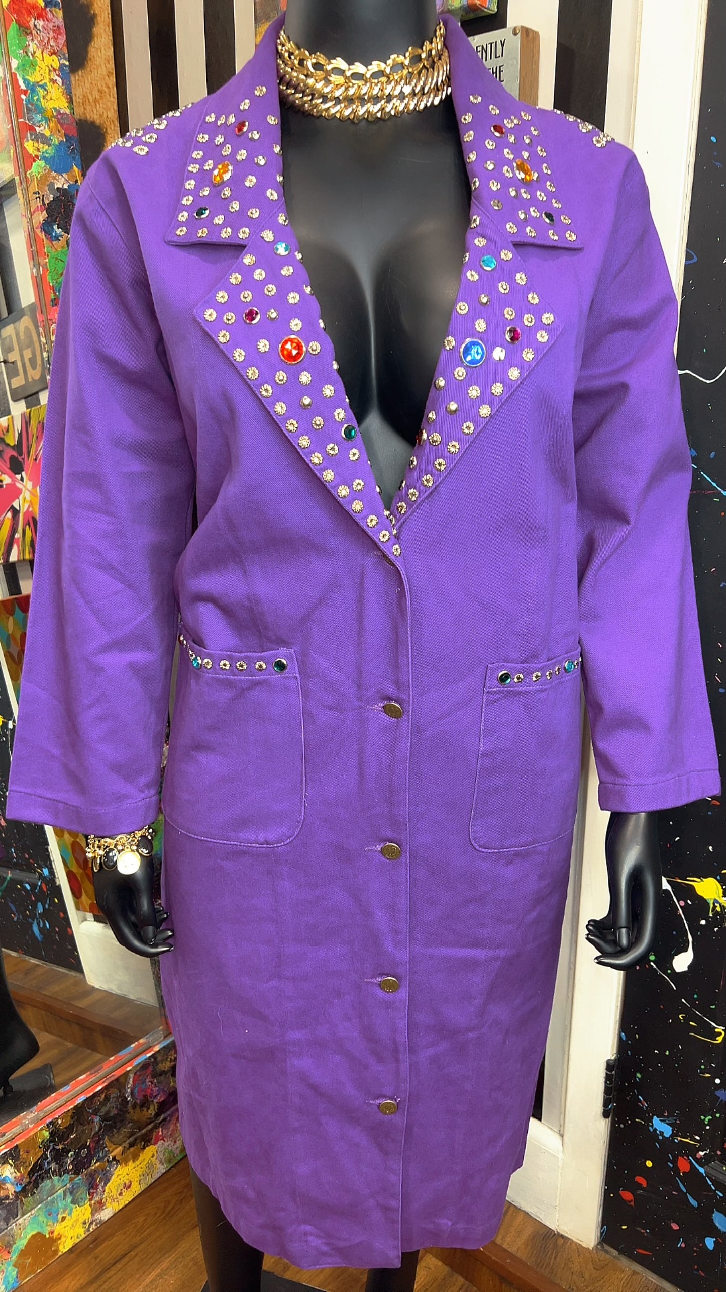 Vintage Purple Denim Jeweled Trench Coat (16)