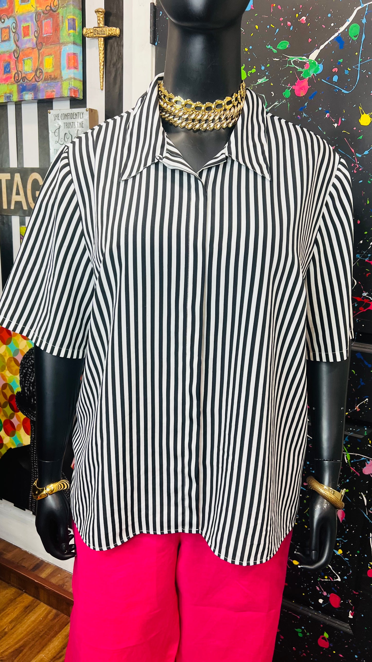 Vintage Black & White Striped Blouse (22)