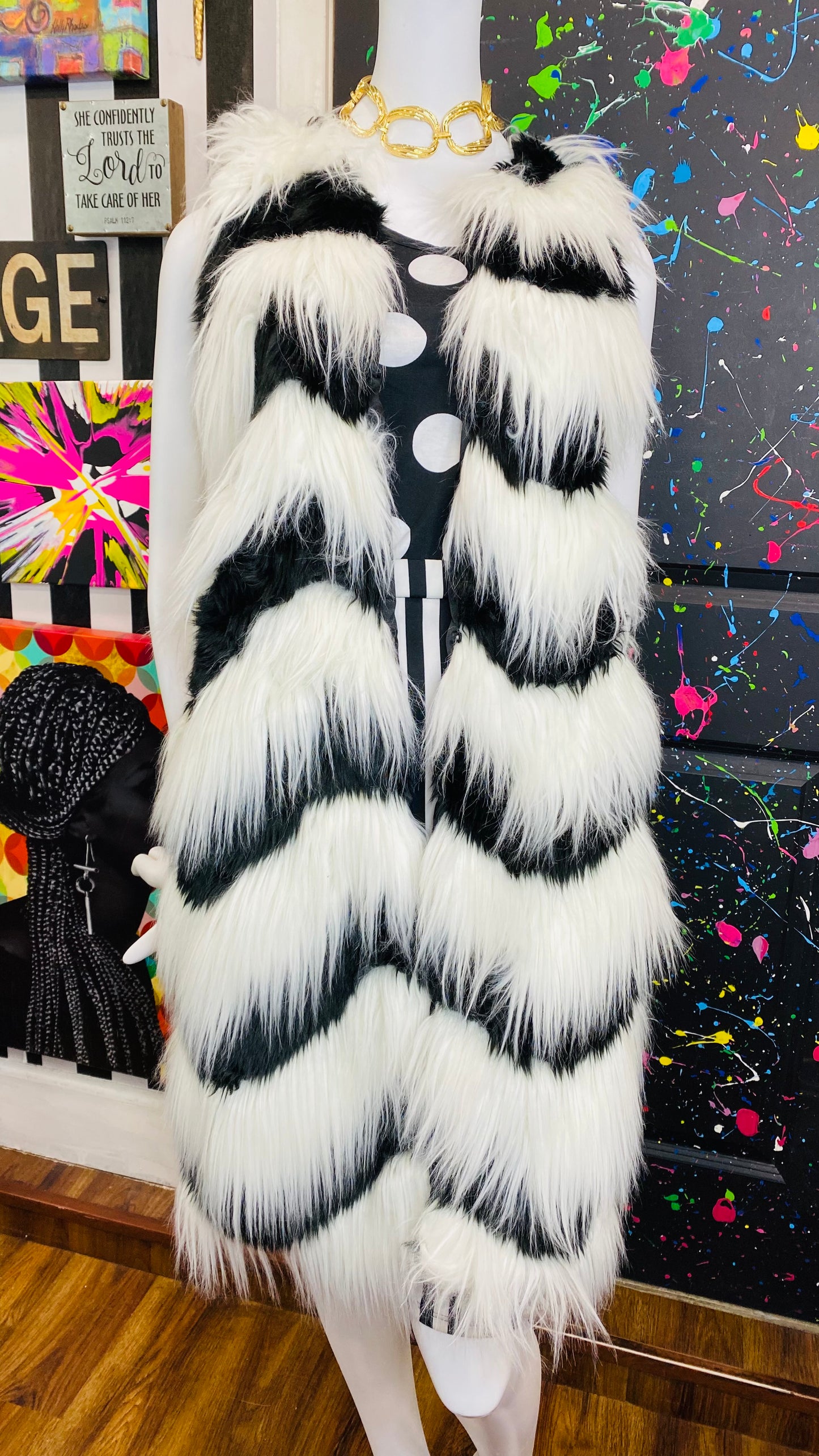 Faux Fur Black & White Striped Vest (12)