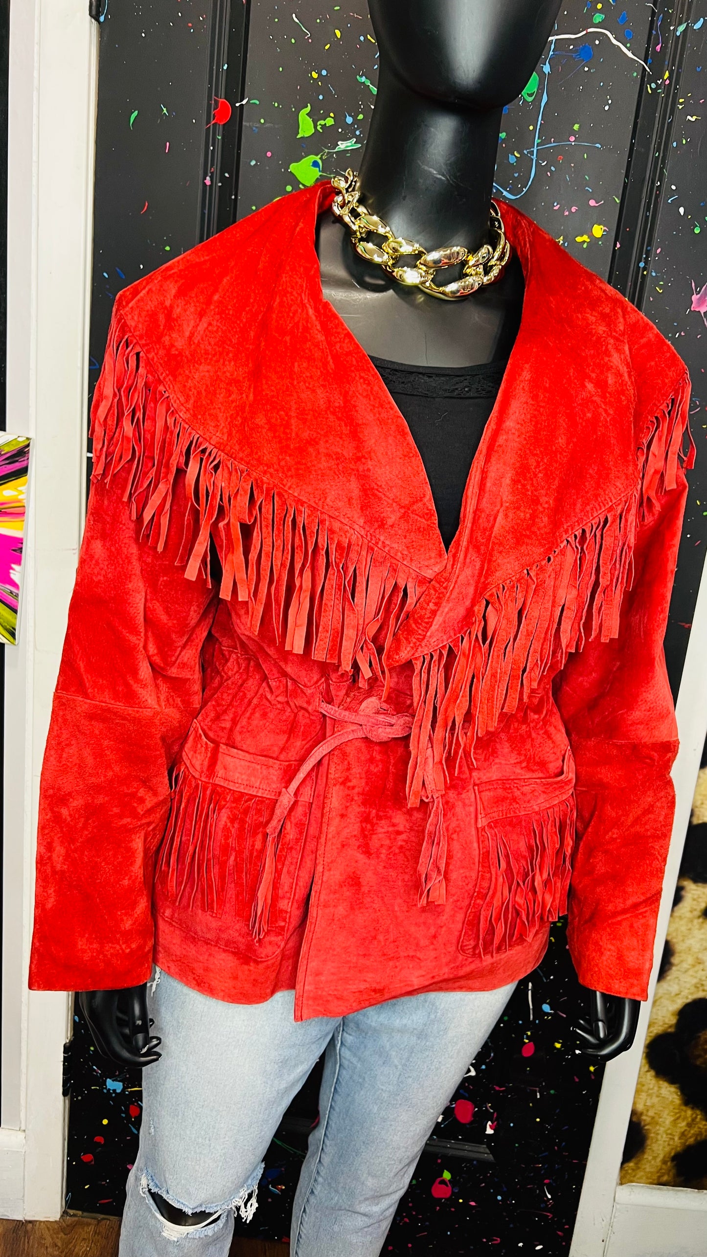 Vintage Red Suede Leather Fringe Coat (18)