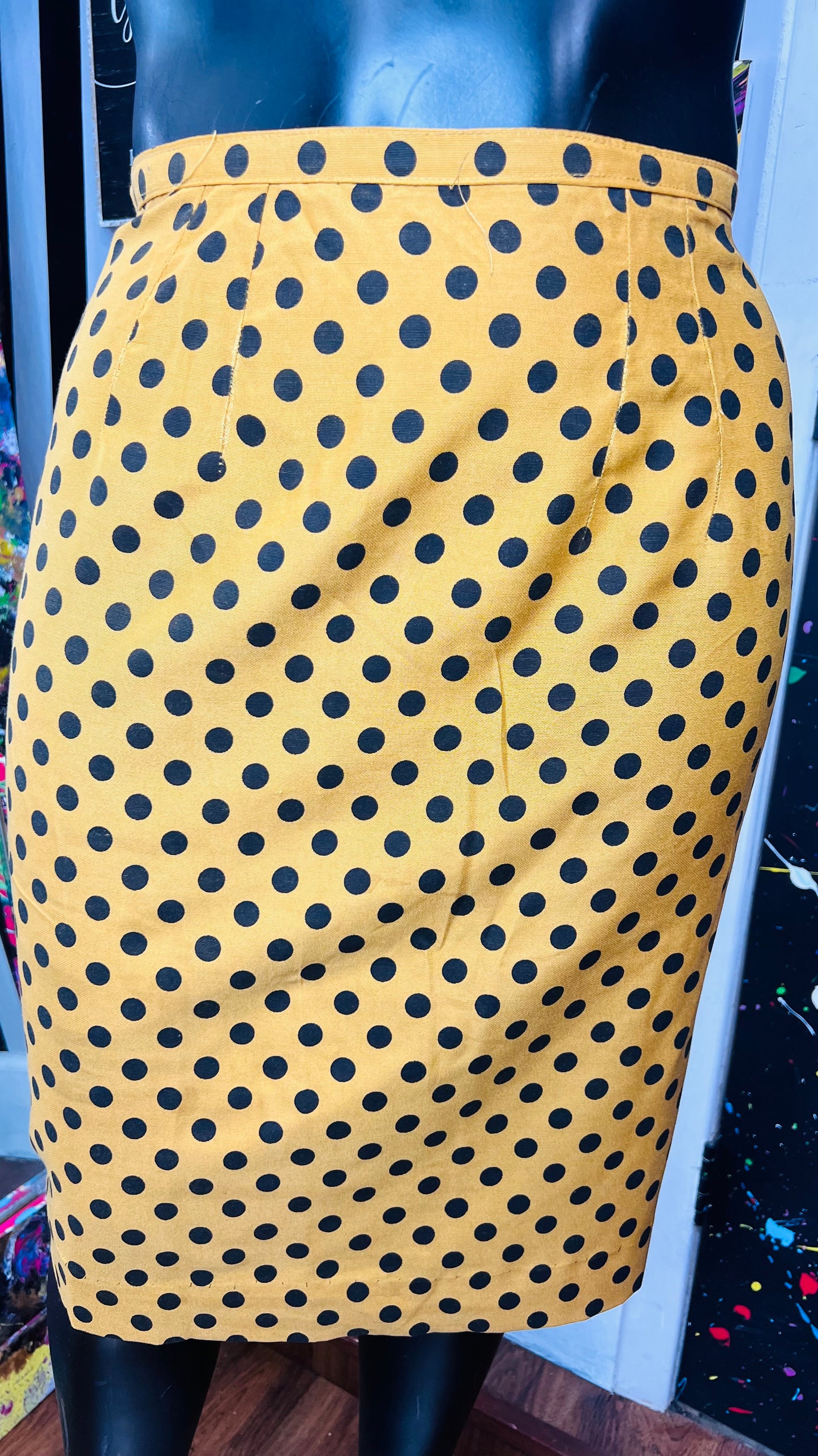 Vintage Handmade Yellow & Black Polka Dot Skirt (12/14)