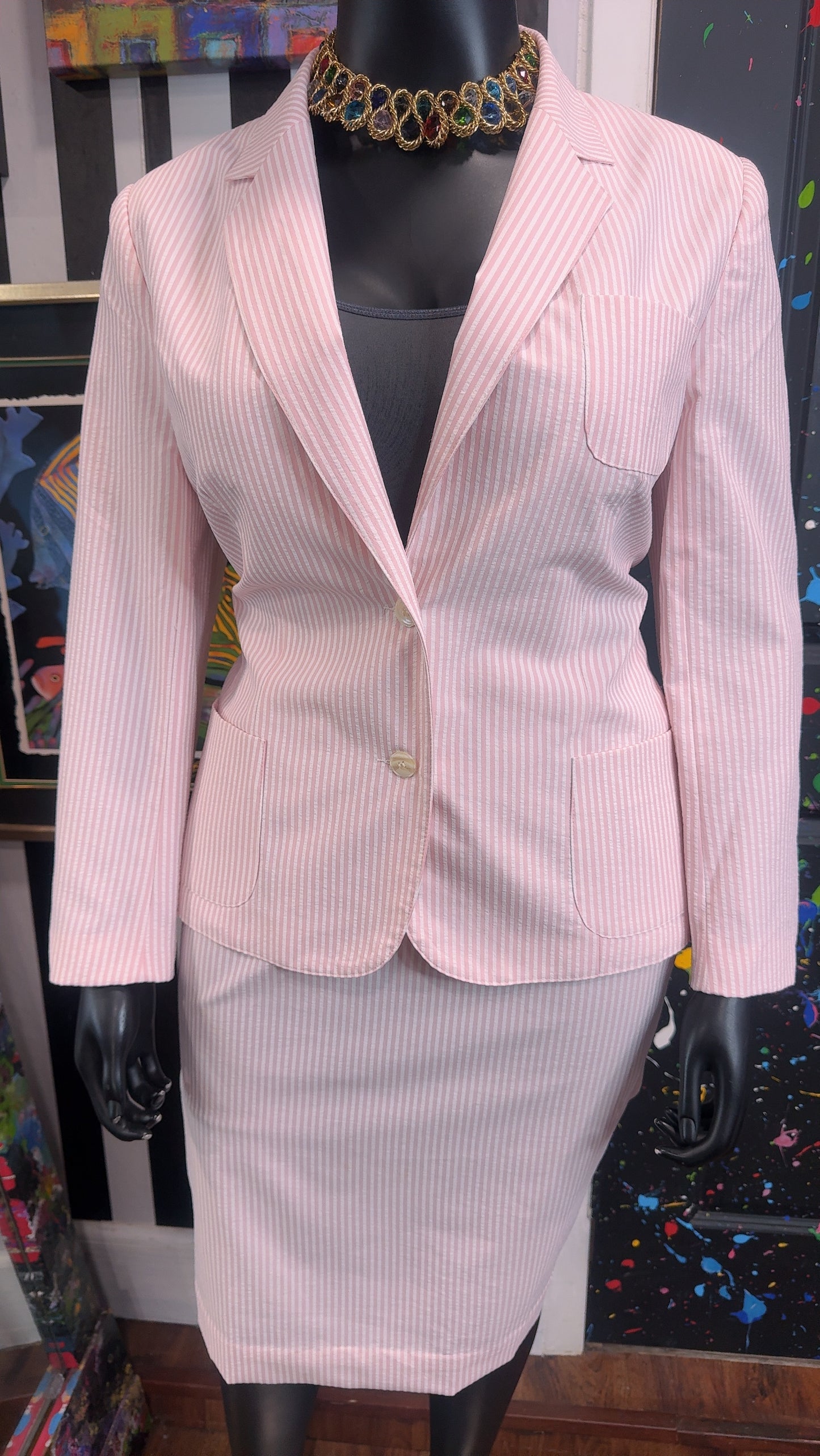 Vintage Pink & White Striped Blazer & Skirt Set (18)