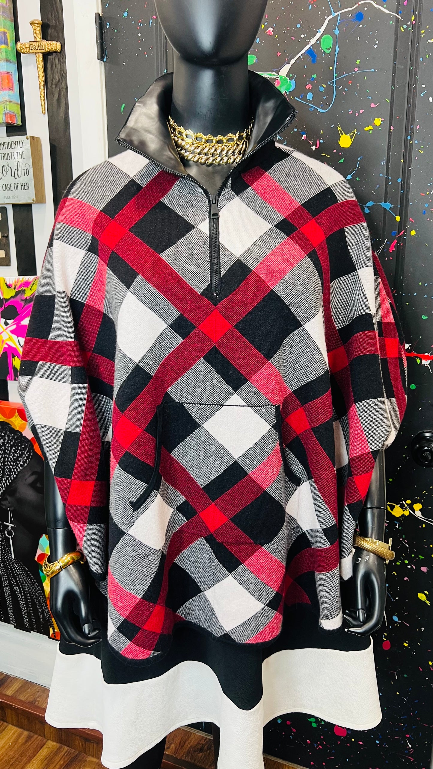 Plaid Stretch Knit Poncho (OS)