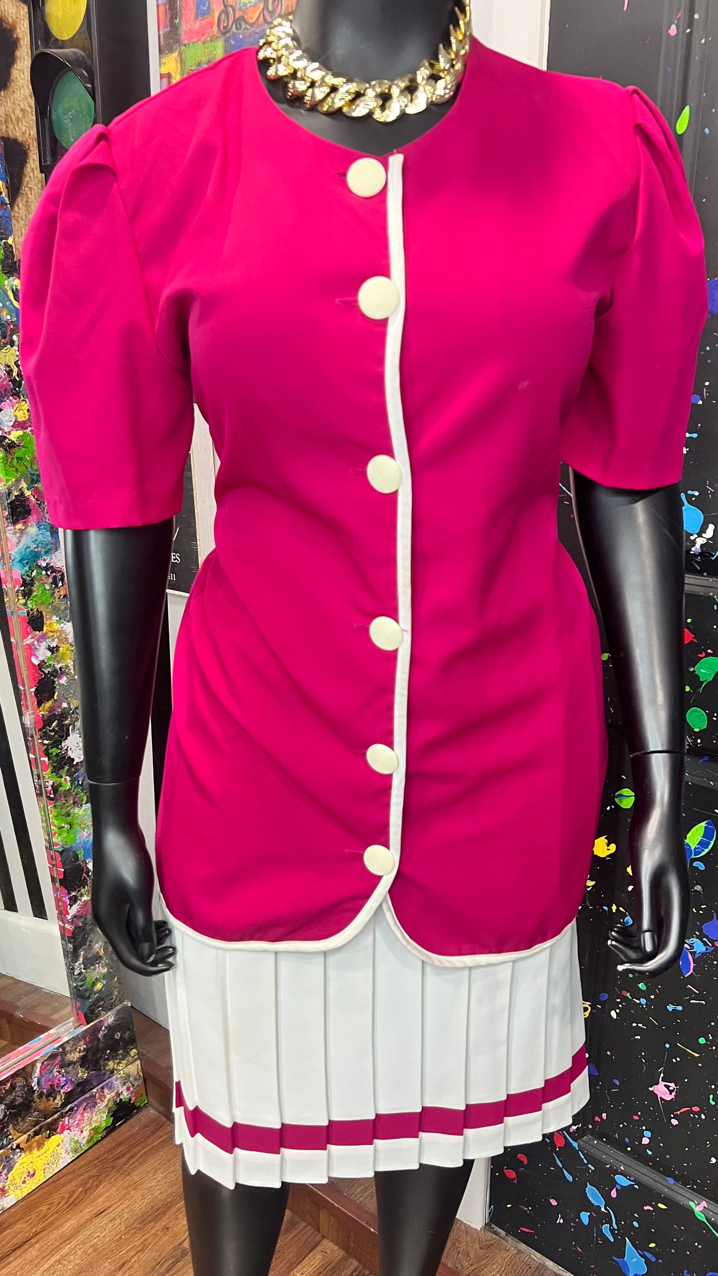 Vintage Pink & White Pleated Skirt Set (18)