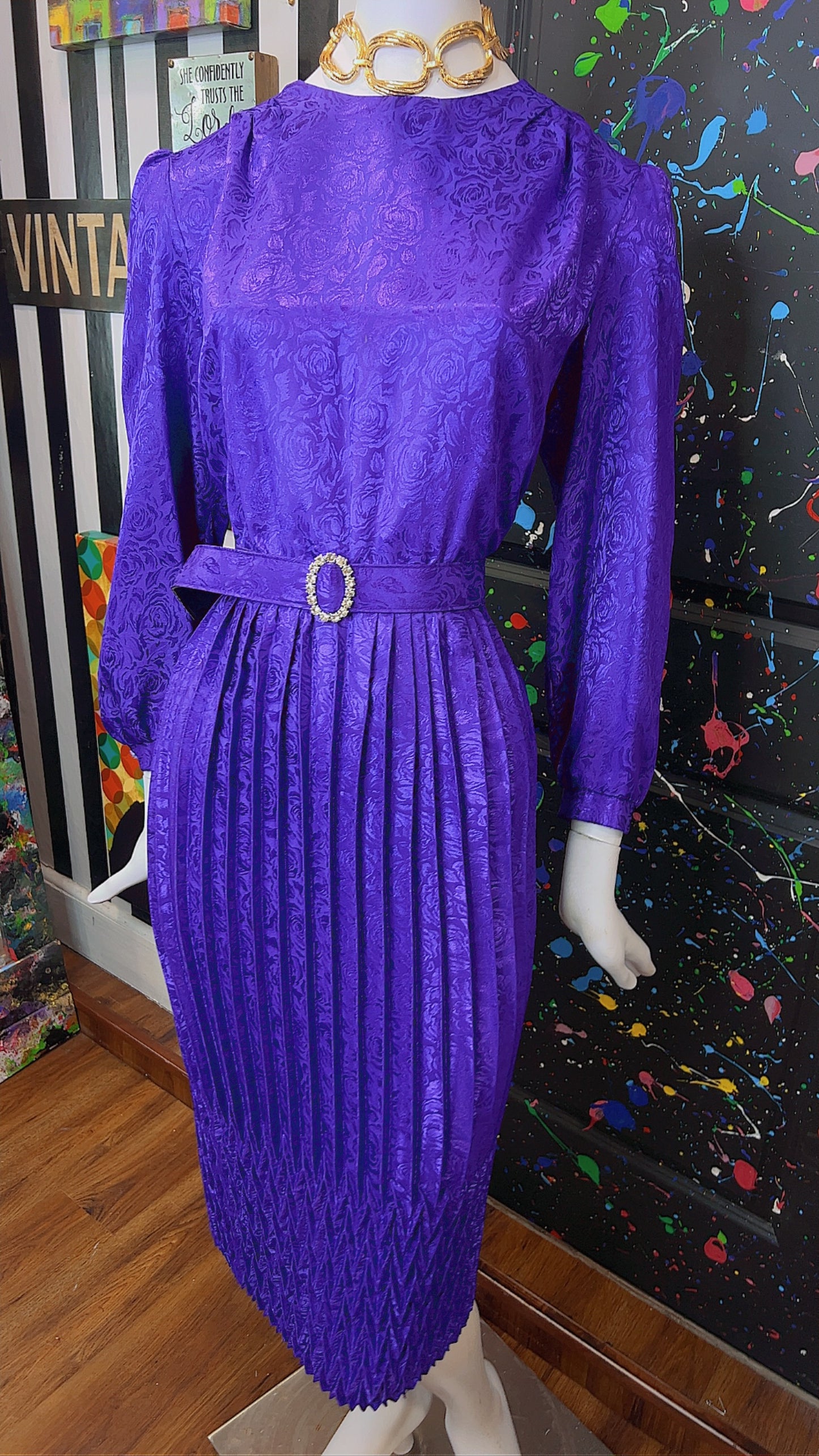 Vintage Purple Pleated Dress w/ Belt (16)