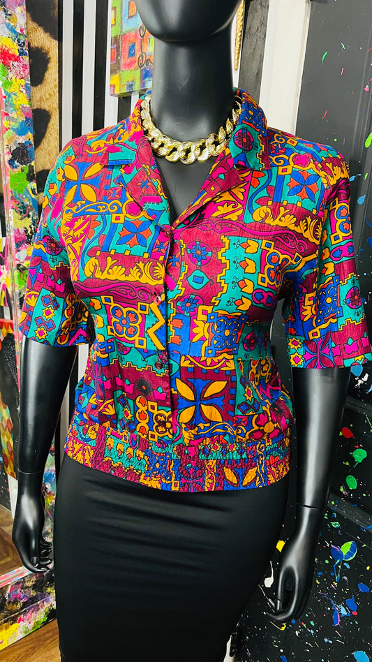 Vintage Abstact Elastic Waist Blouse (16)