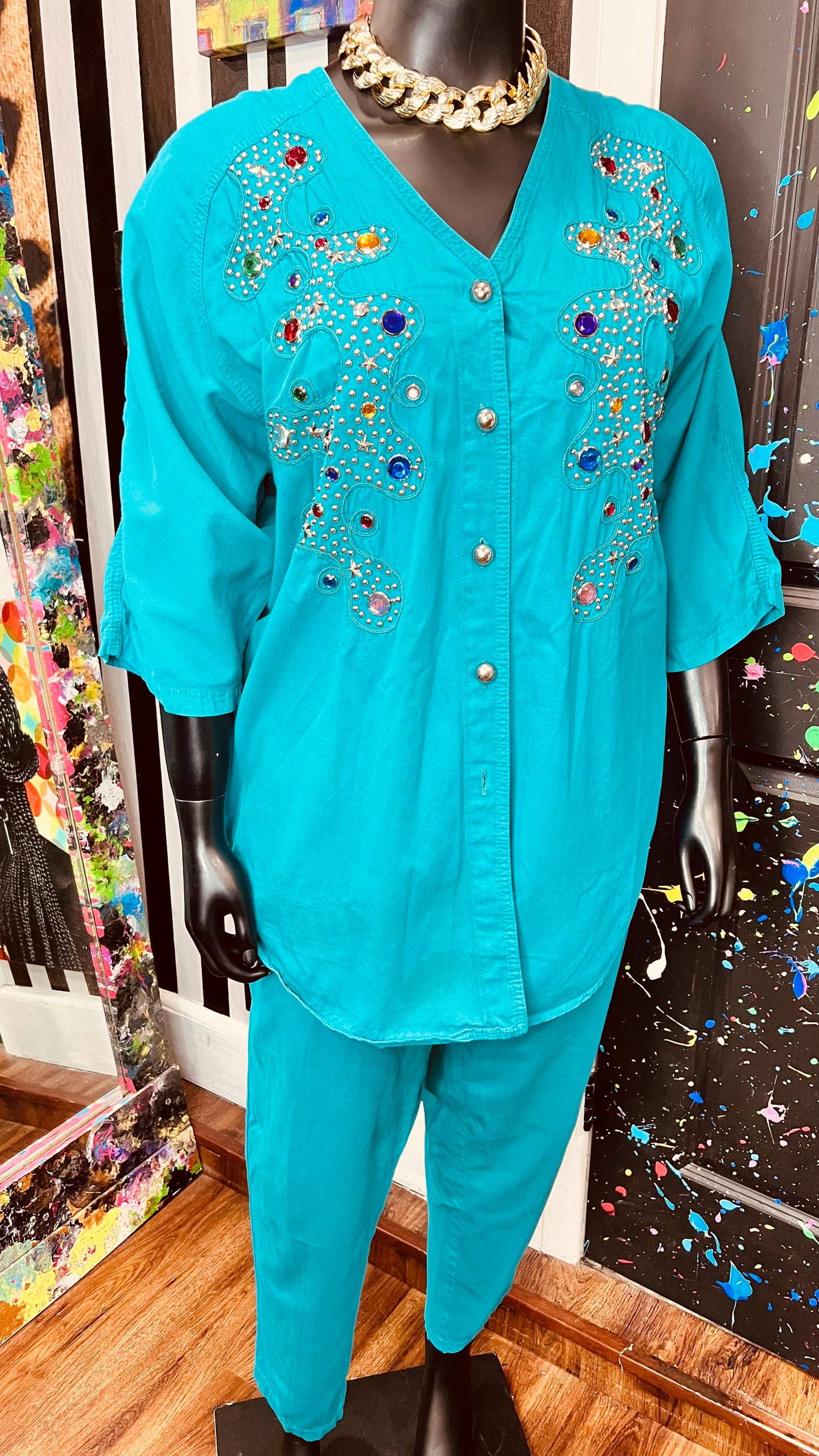 Vintage Teal Denim Jewel & Studds Pants Set (22/24)