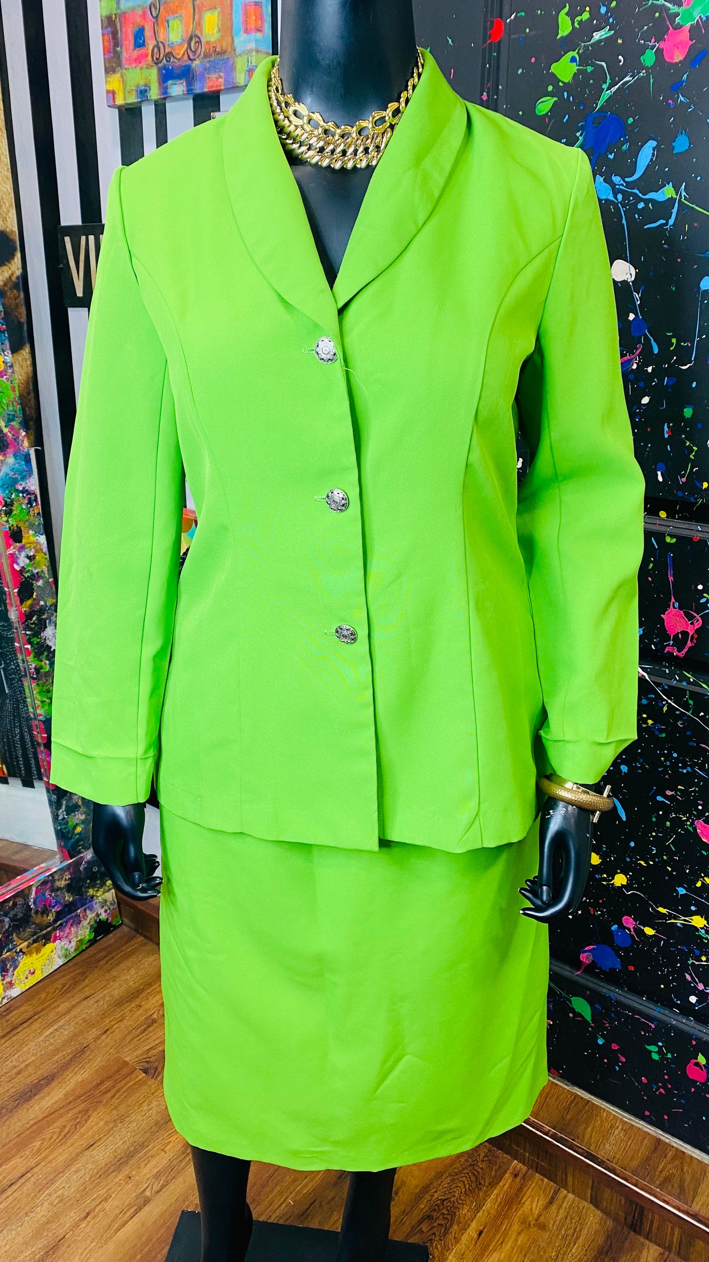 Vintage Bright Green Pleated Skirt Set (16)